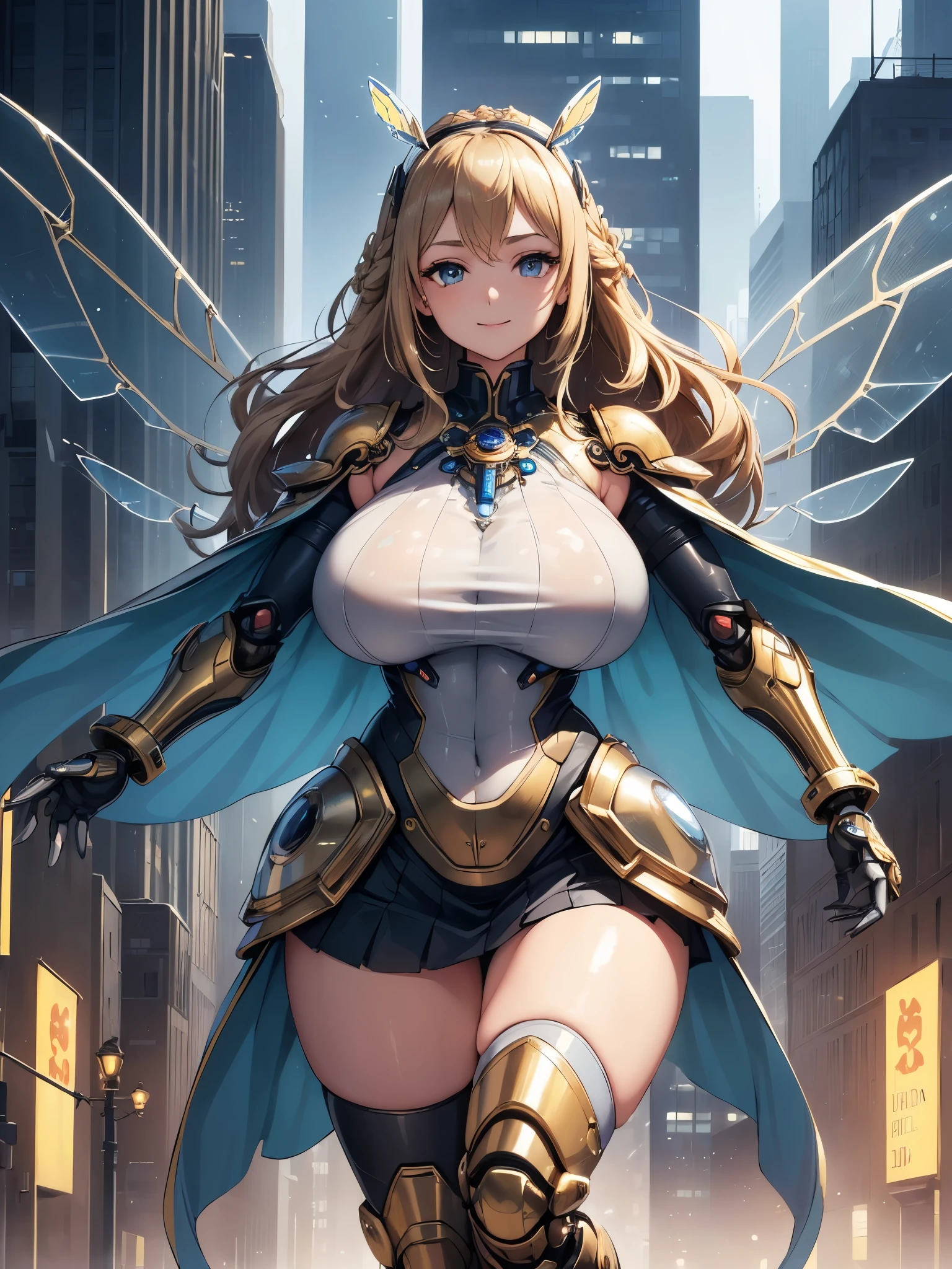 (((masterpiece))), (((best quality))), ((ultra-detailed)), (illustration), ((an extremely delicate and beautiful)), ((super detail)), ((high resolution)), (((20 years old))), metallic cloth, (queen bee), (android), ((mechanical wings)), delicate metal decorations, gleaming skin, shiny body, two legs, breast focus, (((tall))), slender legs, ((big round eyes)), cute eyes, drooping eyes, ((adult)), two hands, five fingers, no extra hands, elegant smile, braid, medium length hair, ((metallic blue)), (see-through), (dark blonde), (ultra-huge breasts), (shining brightly), outdoor, mini skirt, city, daytime, ((biopunk)),