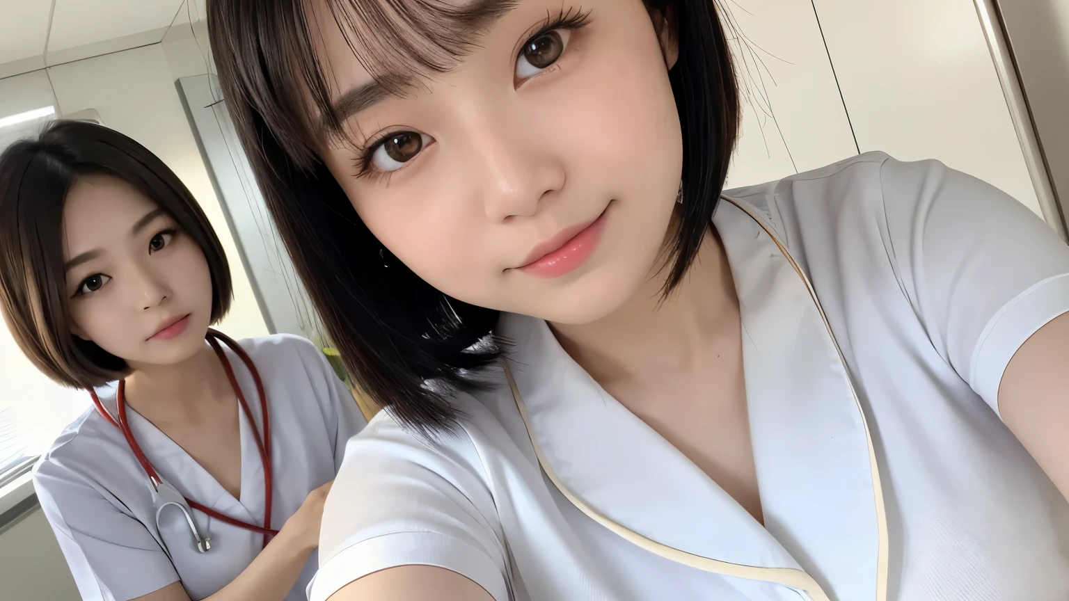(3Girls)、(Beautiful Japanese、18years old,round face、Refreshing、clear、seems kind、stylish、Pitiful、cute like an angel、cute、black eyes、,actress,Almond-shaped eyes), Good style , (Beautiful big breasts:1.2),(soft breasts),(very cute),(Black hair),(short bob hair),(enchanting eyes),(highlight on eyes:1.2)、(8K、Live shooting、highest quality、masterpiece:1.2、optimal lighting)、((masterpiece)),(Photo taken by a professional photographer),(real、photo real:1.4),break,{ (White nurse costume),(((taraditional nurse uniform))),(White nurse mini skirt),((White pantyhose)),(cleavage:0.7)},(Smile face),(cheeks are red:1.4), break, break,Hospital,Face shot:1.3、Hospital room、Looking away, face close-up,Dynamic angle