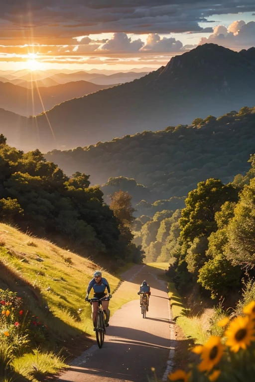Two cyclists riding vintage road bikes on a serpentine mountain trail, their forms silhouetted against a golden hour sky with dramatic beams of sunlight piercing through clouds and highlighting rocky cliff faces, wildflowers in the foreground framing the twisting path ahead ascending into the peaks.