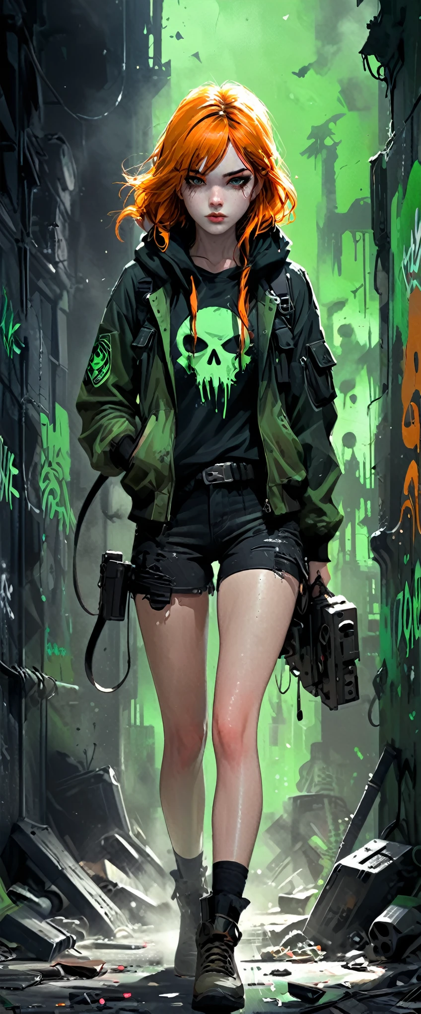 (Anime style artist by Jack Hughes:0.5),((post apocalyptic Wasteland, lugar abandonado, escombros, destruction, edificios destruidos graffiti en las paredes:1.2)), ((1 chica hermosa oscuros, ropa hecha jirones con capucha y bazuca en su mano a punto de tirar, dynamic pose, epic:1.2)), ((fondo oscuro, noche de luna llena:1.2)), (Obra maestra),(mejor calidad:1.2), (Ultra high resolution:1.2), pintura detallada, (((Colores oscuros, naranja, verde, amarillo, intrincado:1.2) ), (( post apocalyptic:1.2 )), (( mejor calidad, vibrante, 32K, luces y sombras bien definidas sin texto:1.2).(Dark atmosphere,shadow,Silhouette,Minimalist style,dark,Very strong darkness:1.5),glowneon,(Hand holding heavy weapons,Running in the dark:1.8),