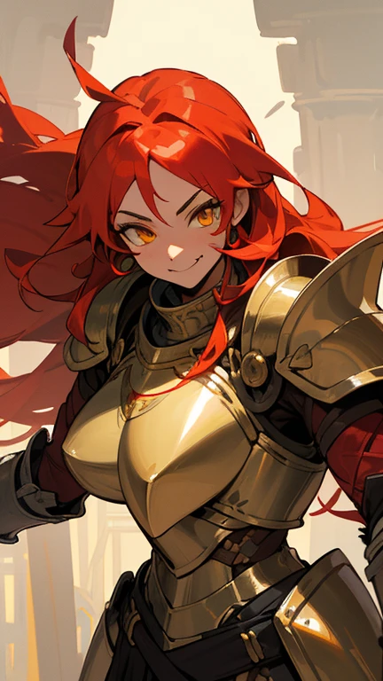 )tanned skin, well-built woman, long red hair, yellow eyes, silver armor with gold accents, moe fang, knight, bulky armor, smiling, squinted eyes, jovial expression, human, long silver sword, vibrant landscape, full plate armor, calm pose, scarred face