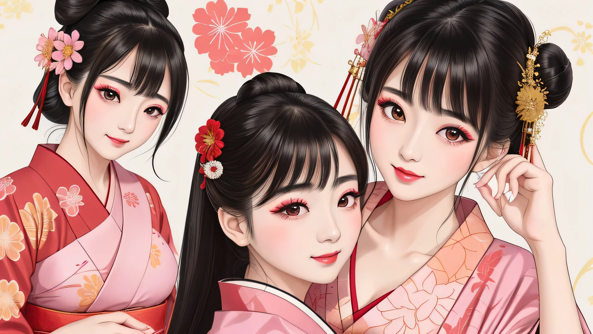 Each has a different expression２People and sisters、(２ girls）、｟Dancing traditional arts with grace)、((Big Breasts、Small Face、Not exposed))、highest quality、masterpiece、（Black Hair、Bun Hair）、Brown Eyes、｟Wide angle、Angle from above the waist、Pause on the magazine cover、Their gazes are different, gazing into the distance｠、(８K High Quality、masterpiece、High resolution、Realistic and beautiful light and shadow、(highest quality)、(High Resolution)、(Very delicate and beautiful)、(Beautiful 8k face)、(With a smile、Beautiful eyes)、(Clear skin)、(Soft hair)、(８Head to Body)、(A Japanese style yukata kimono with red, pink and orange floral patterns on a white background, interspersed with gold powder、Wearing a yukata２Beautiful Japanese girls)、((Tanabata decoration background))、((Small Face))、(arms up)、Thin and small nose、（Red lipstick）、（Make your cheeks red）、（Glossy skin）、((Ink painting style))、Very thin eyebrows、Overall ultra-high image quality、（She is wearing maiko-style makeup.）、Whitening、Long and beautiful eyelashes、Glowing Skin、（Red cheeks）,Straight nose、masterpiece、highest quality、whole body、 Eyebrows visible through hair、Bun Hair、Grin、Gal、Gal、Viewer&#39;s Eyes、Plaid、Stylish、woman、fine、Pause、
Waiting to start 
