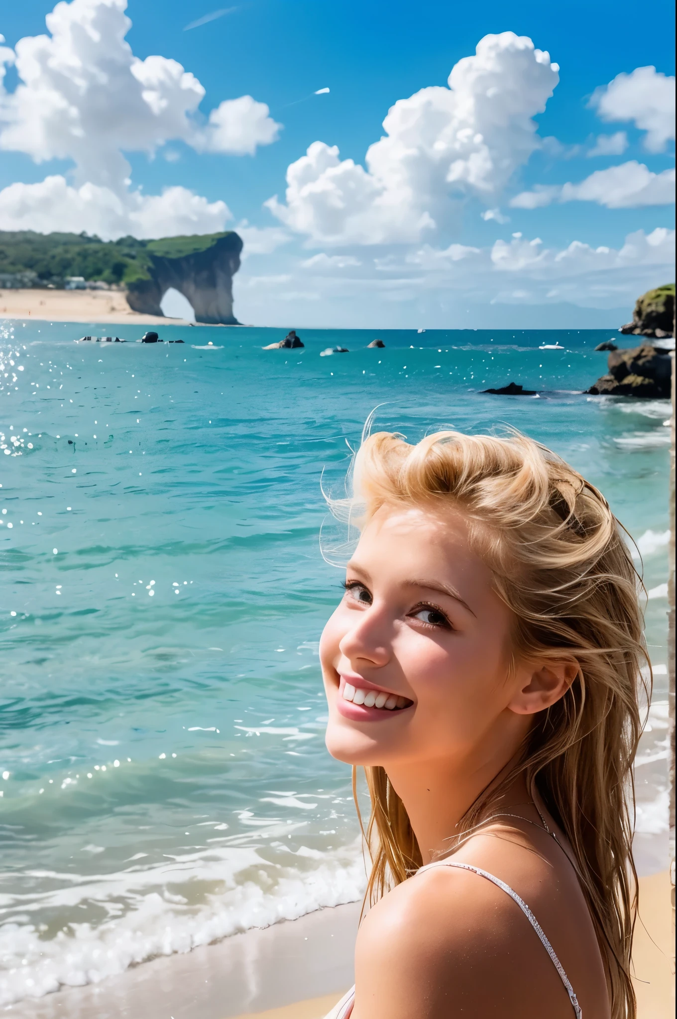 8K,Blonde woman looking at the sea,1 超美people(Like the real thing), Sharpening of facial expressions,Blue sky and white clouds with warm sunshine, Smiling and gazing into the distance, The fine grains of sand on the beach sparkle in gold., The wind is accompanied by small waves. The distant island is surrounded by greenery, sexy, Her stunning beauty is like a ray of light, Captivating the whole of heaven and earth. . Beach dream scene, people々Make people feel like they're there, Enjoy the beauty,The perfect angle、Professional quality high resolution、Perfect contrast、Perfect lighting、Perfect composition、Perfect Skin、Perfect Fingers、Perfect breasts、Perfect Hair、Perfect Face、Realistic facial features,masterpiece,Photorealistic RAW photos,Bright colors,Rich colors,50mm lens,Nikon D850,super highest quality,Slim figure,Perfect body line,Perfect hand shape,Anatomical body balance,Highly detailed face,Highly detailed eyes,Beautiful Lips,Excellent light particles,Cinema Lighting,Makeup,Ultra-high resolution,Ultra-Realistic Skin,sexyな女性のクローズアップ,