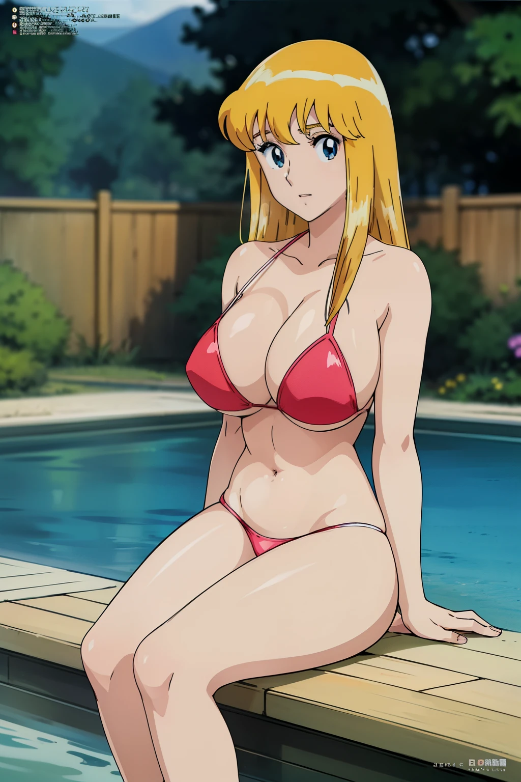 (anime cels style, Masterpiece, best quality, high resolution, anime colored, megami magazine:1.2, anime poster style, anime keyvisual, sharp, 8k, photorealistic), (beautiful eyes:1.5), reiko_aiwaifu, 1girl, blond hair, long hair, (sagging huge breast), (beautiful nude), bikini, cleavage, (upper body, sitting), (perfect detailed anatomy, perfect arms, perfect fingers, beautiful face, perfect body, shiny skin), onsen, 