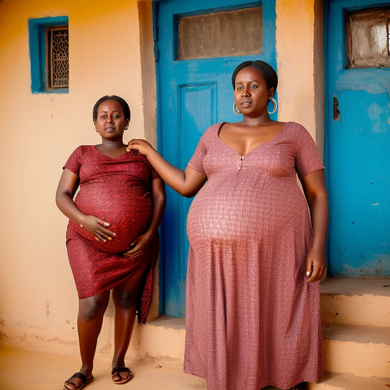 Extremely Hyperpregnant Djiboutian woman with huge belly wearing a dress