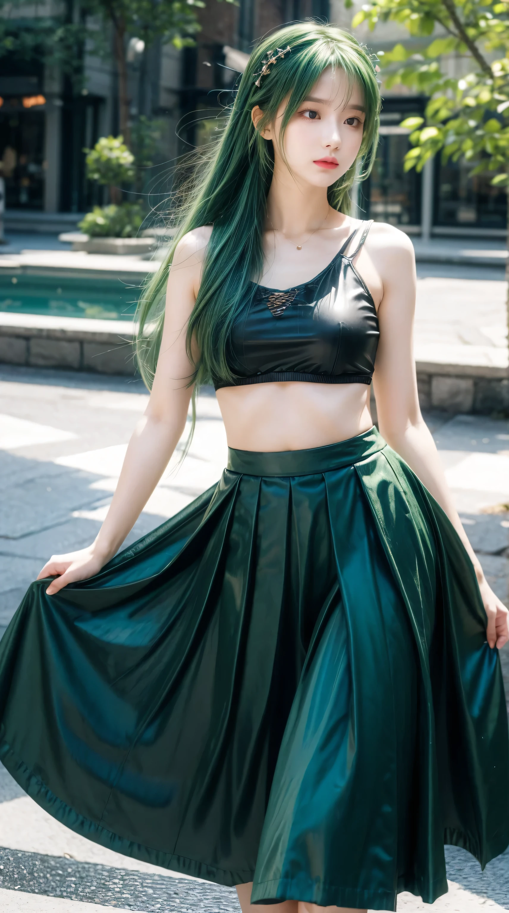 1 Girl, Solitary, Hair accessories, Green Hair, Double tail, Long hair, skirt, water