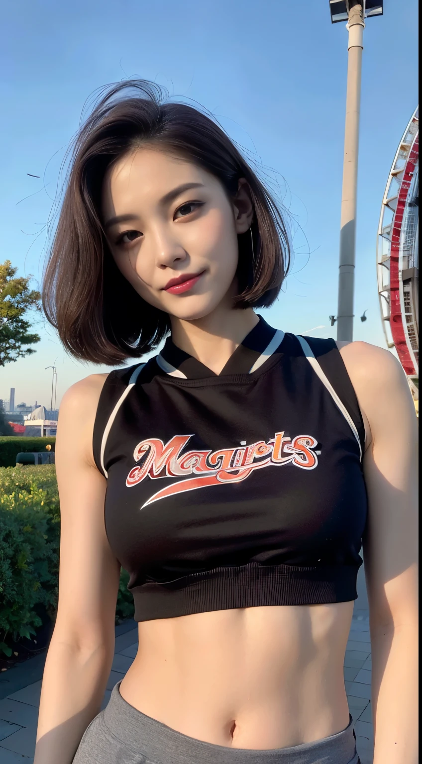 (Best quality, High resolution, Masterpiece :1.3), A tall and pretty woman, Perfect figure beauty, Abs, Breasts, (Dark brown short hair), Wearing crop top with varsity jacket and sweatpants, Smirking, At amusement park, Details exquisitely rendered in the face and skin texture, Detailed eyes, Double eyelid