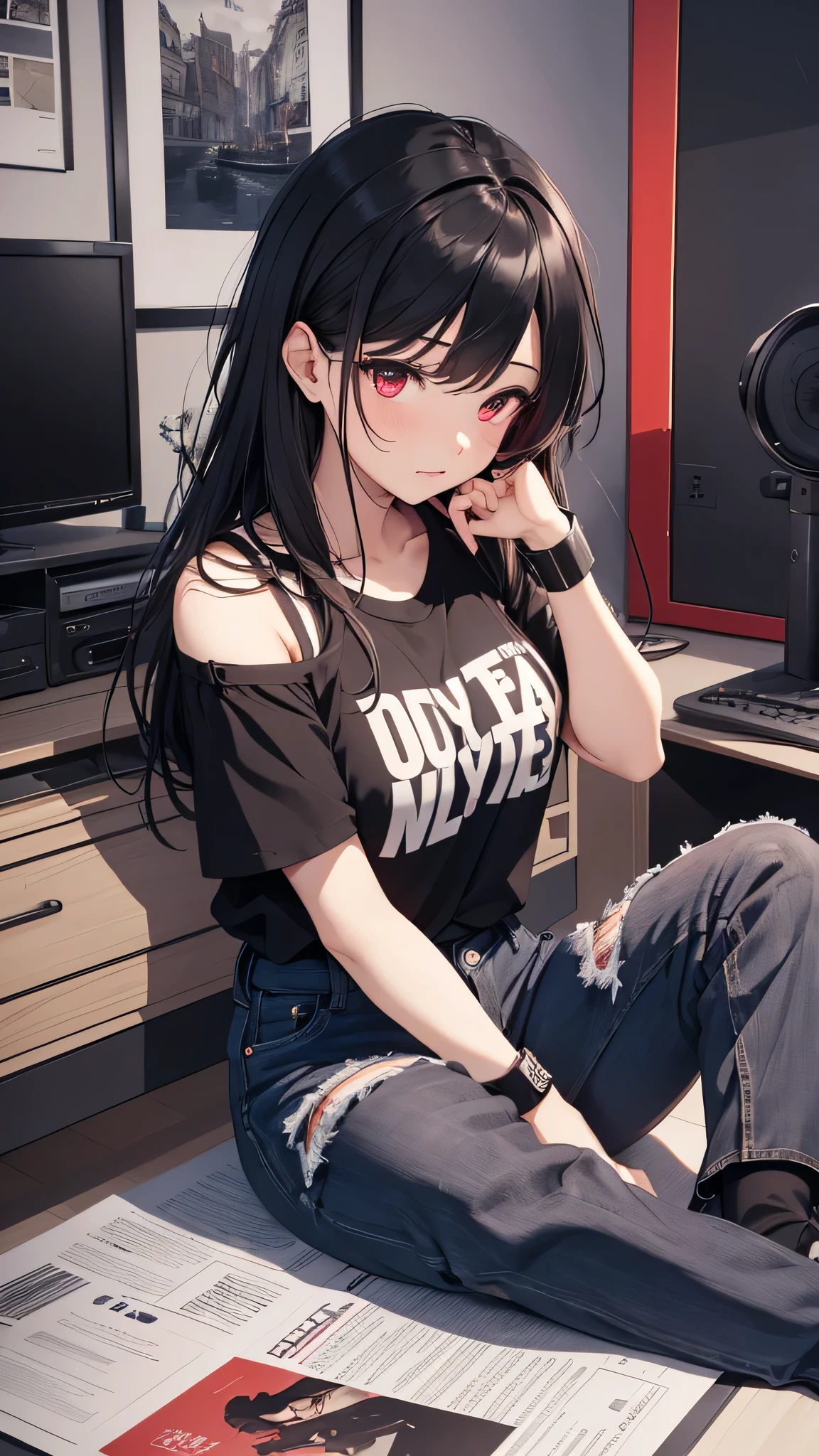 最high quality、Best image quality、masterpiece、girl((18-year-old、 By becoming、Best Bust、Medium Bust,Wide open breast tea、Red glowing eyes,Black Hair、Red Mesh、Disheveled Hair、Lointail、thin,The highest valley、Open chest、Luminous Wristbands、hair ornaments、Show the whole body,Black T-shirt、Shoulder bag、Short denim trousers、sit、sitting cross-legged、Paisura)),high quality、Beautiful art、background((Black Room、Black Wall、Black furniture、Big black TV、Black PC、red paint))、Flight、Flying debris、Written boundary depth、movie、Visual Arts、Perfect art、8K,Genuine,