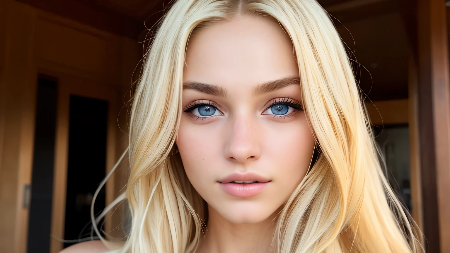 A beautiful 18-year-old woman with long blonde hair gazes at the camera, (rosto de Bella Hadid: 0.75), blonde model, very beautiful, long haired, athletic body, (peitos grandes: 0.8), defined abs and toned muscles, Scandinavian goddess, lissome and smooth golden locks cascading down her back, piercing blue eyes with well-defined eyebrows and long lashes, full and fleshy lips, seductive look in her eyes, and a captivating, toothless smile, flawless and finely detailed white skin without blemishes or imperfections, a narrow waist, cl