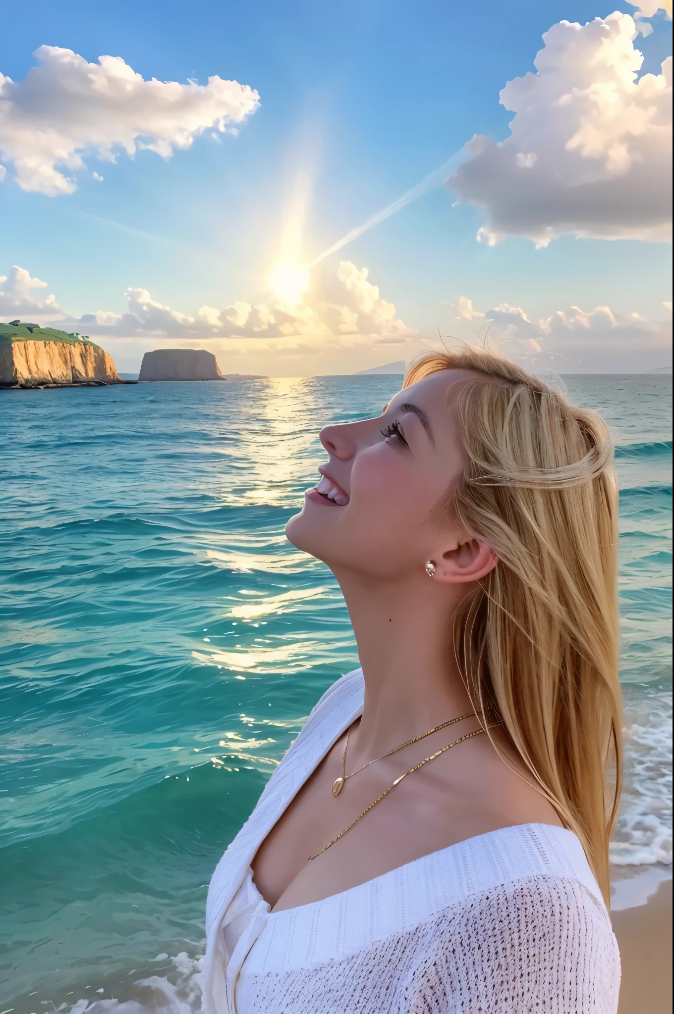 8K,Blonde woman looking at the sea,1 超美people(Like the real thing), Sharpening of facial expressions,Blue sky and white clouds with warm sunshine, Smiling and gazing into the distance, The fine grains of sand on the beach sparkle in gold., The wind is accompanied by small waves. The distant island is surrounded by greenery, sexy, Her stunning beauty is like a ray of light, Captivating the whole of heaven and earth. . Beach dream scene, people々Make people feel like they're there, Enjoy the beauty,The perfect angle、Professional quality high resolution、Perfect contrast、Perfect lighting、Perfect composition、Perfect Skin、Perfect Fingers、Perfect breasts、Perfect Hair、Perfect Face、Realistic facial features,masterpiece,Photorealistic RAW photos,Bright colors,Rich colors,50mm lens,Nikon D850,super highest quality,Slim figure,Perfect body line,Perfect hand shape,Anatomical body balance,Highly detailed face,Highly detailed eyes,Beautiful Lips,Excellent light particles,Cinema Lighting,Makeup,Ultra-high resolution,Ultra-Realistic Skin,sexyな女性のクローズアップ,sexyな衣装,