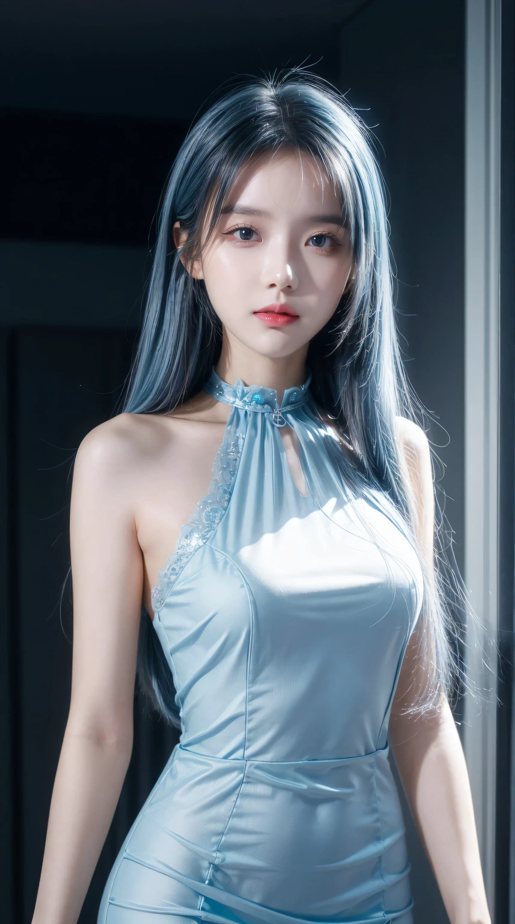 ((masterpiece)), (best quality), (detailed), (1 Girl), (Internal data flow) Light blue gradient hair, light blue glowing eyes, Straight Hair, Wearing a modern white shirt and black dress, Covered by data particles, Lock around the neck
