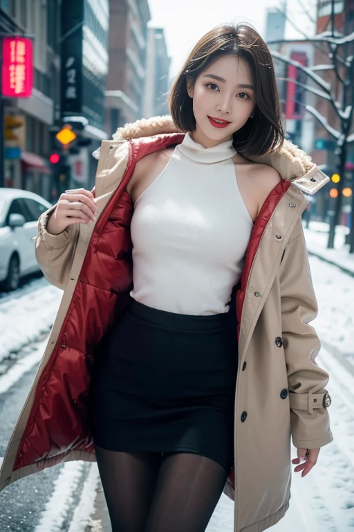 best quality, 4k, 8k, Detailed faces, clear face, pretty girls, Korean makeup, Red lips, laugh, perfect body,shoulder length straight short hair, big breasts,thigh,slim,thin, The girl wears a long and wide coat, Underneath the jacket was a top tube and pantyhose, lower abdomen, Snowscape, winter, street,