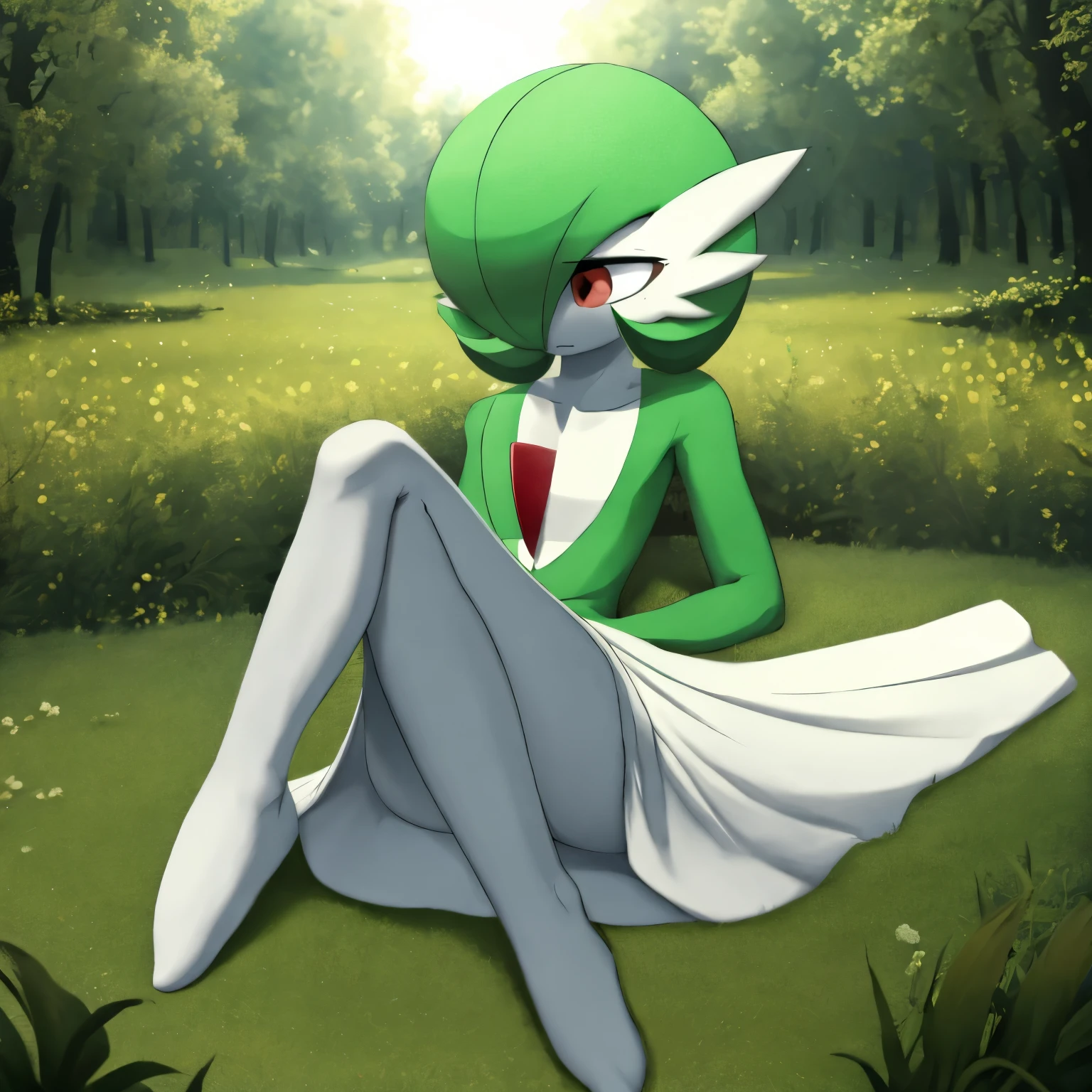 best quality, Gardevoir, pokemon, short height, red eyes, green hair, sad, crying, slim, slender body, skinny legs, looking at viewer, blurry background, outdoors, in forest, full body, slim, ((masterpiece)), best quality, 4k, cinematic lighting, ray tracing, reflected light, panorama, flat chest, high detailed illustration, high detailed background, hi-res, lying on the ground, no feet, on ground, bruised, wounded, white gardevoir dress, green top, legs together, bare legs, bare feet, curled up