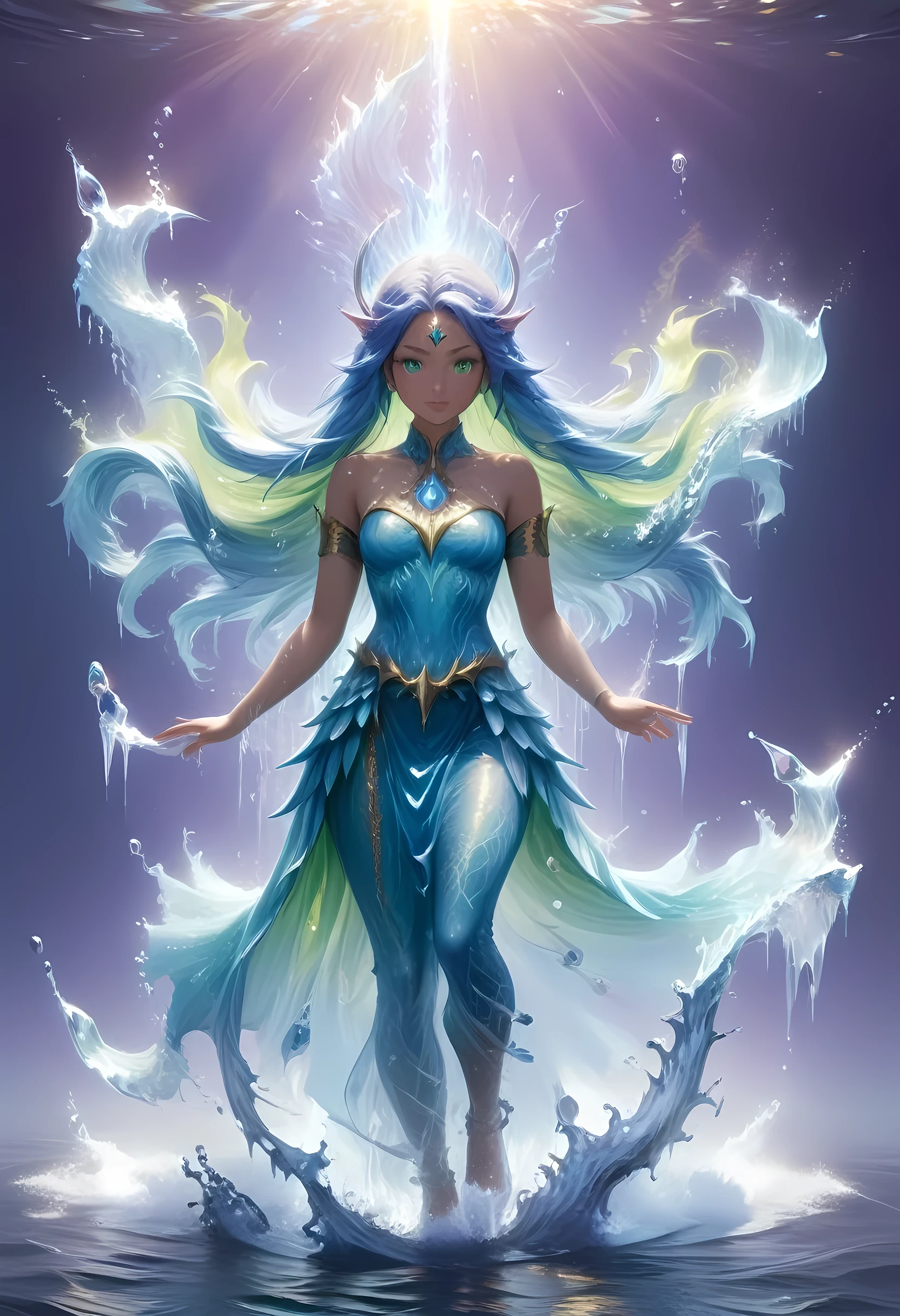 high details, best quality, 8k, [ultra detailed], masterpiece, best quality, (extremely detailed), full body, ultra wide shot, photorealistic, fantasy art, dnd art, rpg art, realistic art, an ultra wide picture of a female human (1.5 intricate details, Masterpiece, best quality) goddess of water  ((watery radiant aura)), controlling a swirling streams of watery magic (1.5 intricate details, Masterpiece, best quality), manipulating purple radiant magical symbols, [[divine symbols]] (1.5 intricate details, Masterpiece, best quality), human female, blue  hair, long hair with aura, hair with green radiant eyes, intense eyes, holding a trident, ((radiant eyes)), (( green glowing eyes)), dynamic clothing, fantasy sea background, stresms of sea water,  celestial  background, ((divine worship atmosphere)), high details, best quality, highres, ultra wide angle, Latex, faize