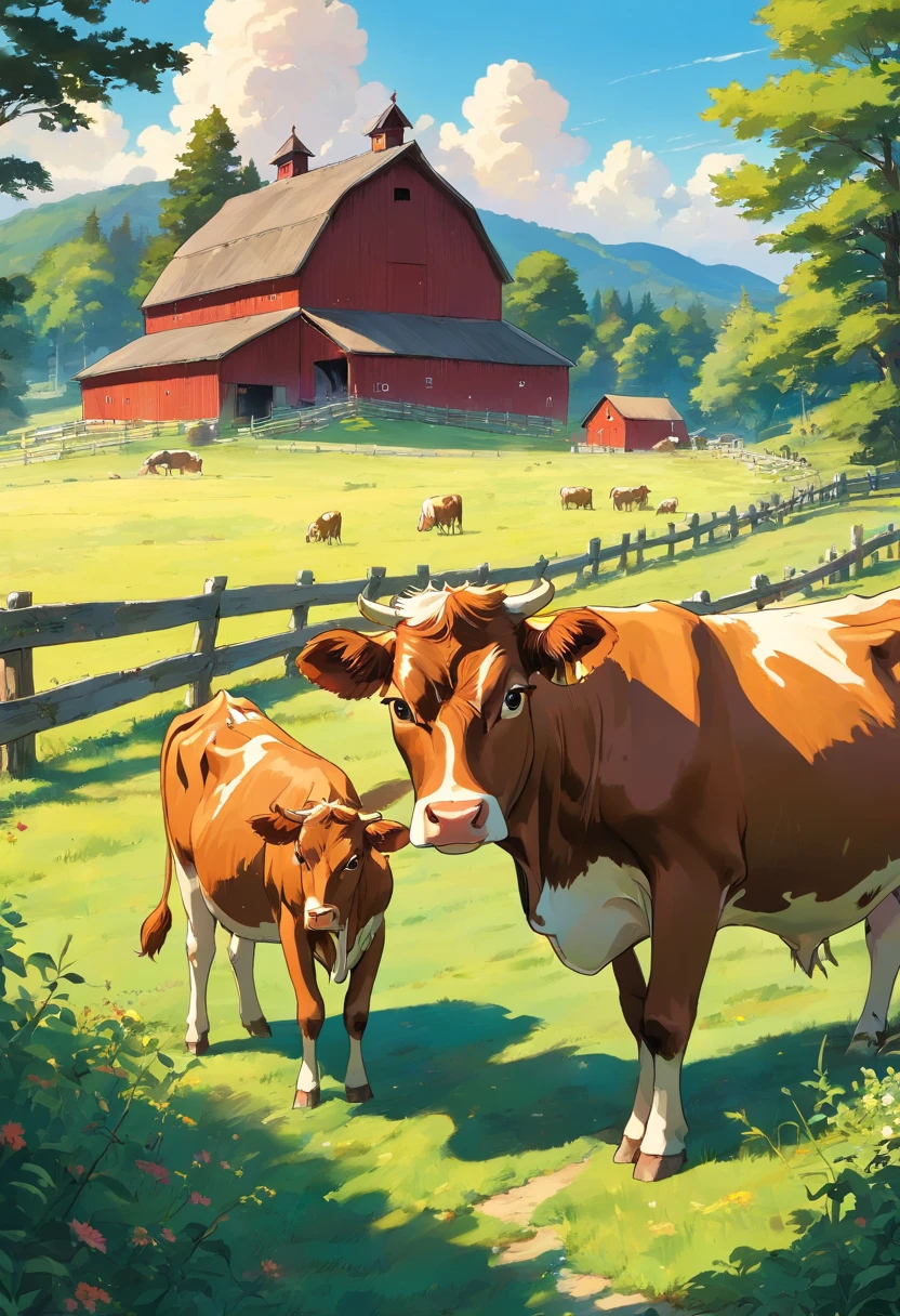 Herd of rustic dairy cows peacefully grazing in an idyllic pasture, sun-dappled vegetation with beams of light filtering through billowing clouds casting long dramatic shadows across the rolling terrain, an aged but sturdy split-rail fence framing and leading the eye toward a classic red barn with a silo in perfect golden hour lighting