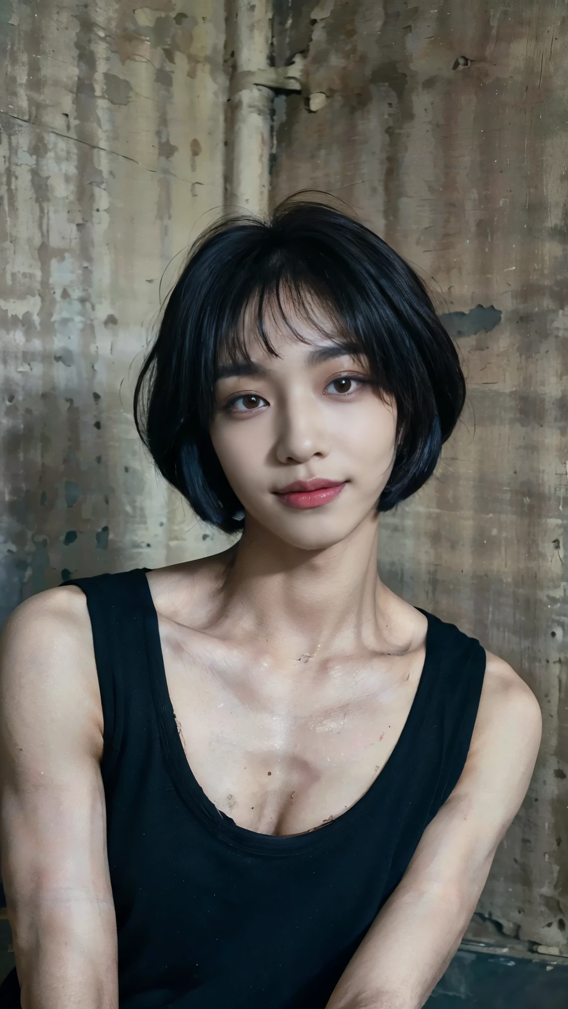 Realistic photos, 8k,A complete thumbs up,(((Bob cut ladyboy,transgender,otokonoko,Male chest))),((whole body,Flat Chest,Very muscular,Body fat percentage10%,Muscles like athletes,Macho,massive)),(((Damp,In a dirty room,Lying down,Homeless,beggar,Pale face,It is dirty,Bad smell,dirty,odor,Homeless,Depraved,Handsome young Korean ladyboy with bob cut))),(((Very big eyes,smile,looking at the camera,Frowning))),Chest is male,18-year-old,(Ultra-realistic), (figure), (High resolution), (8k), (Very detailed), (Best figure), (Beautiful fine details), (highest quality), (Super detailed), (masterpiece), (wallpaper), (Detailed face), ,alone,Black hair bob cut,(((A girl with makeup on her face,The body is a perfect man))), dirty black tank top,Wrapped in a dirty blanket,Transgender,Korean,kpop,筋肉質なMale chest