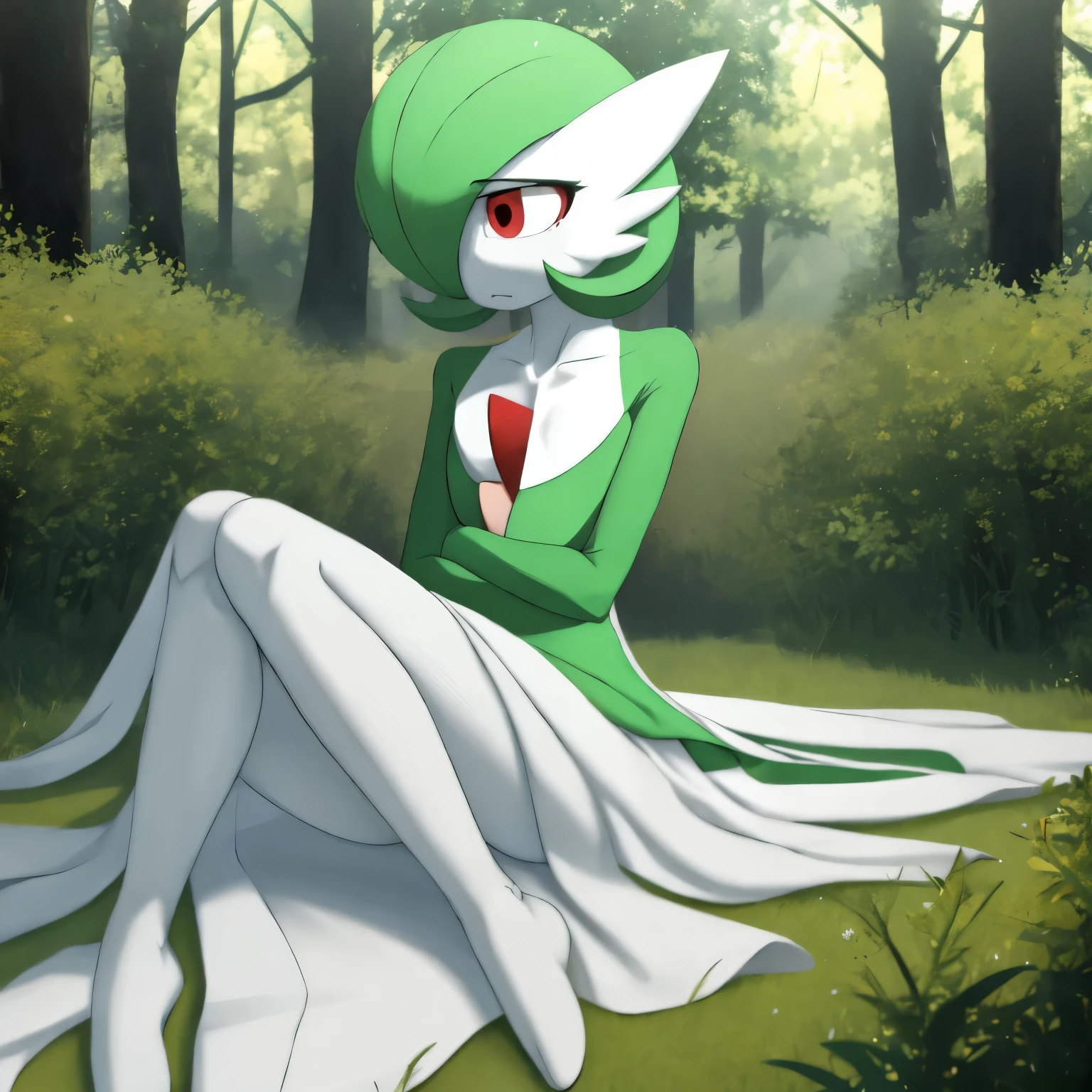 best quality, Gardevoir, pokemon, short height, red eyes, green hair, sad, crying, slim, slender body, skinny legs, looking at viewer, blurry background, outdoors, in forest, full body, slim, ((masterpiece)), best quality, 4k, cinematic lighting, ray tracing, reflected light, panorama, flat chest, high detailed illustration, high detailed background, hi-res, lying on the ground, no feet, on ground, bruised, wounded, white gardevoir dress, green top, legs together, bare legs, bare feet, curled up