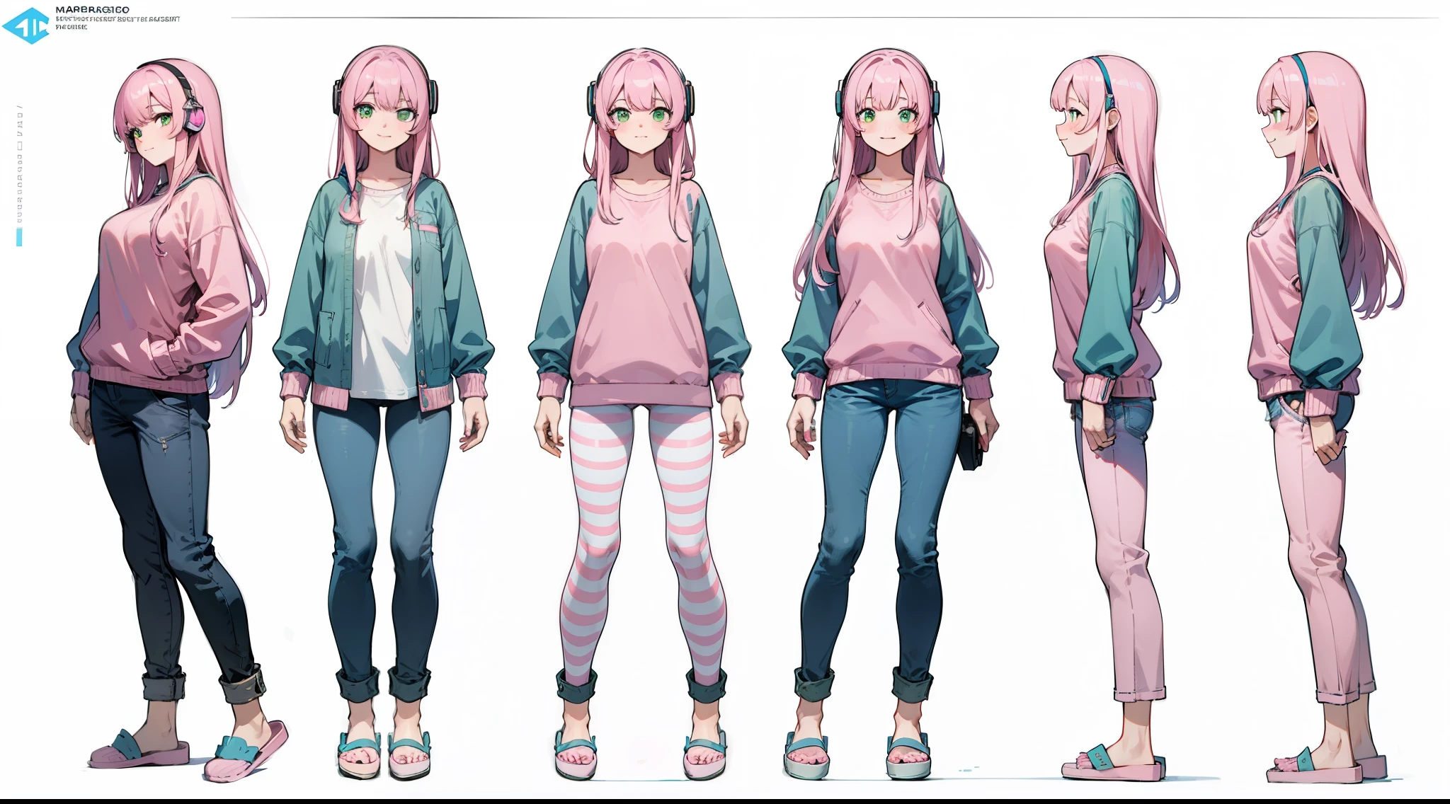 Best Quality, Masterpiece, Realistic, unreal engine, 4k, 28 year old, relaxed happy face, detailed character sheet, frontal view, side view, three quarter view, white background, long hair, bangs, pink hair, green eyes, medium breasts, pink with blue shirt, pink with blue stripe pants, slippers, gaming headphone, nerd