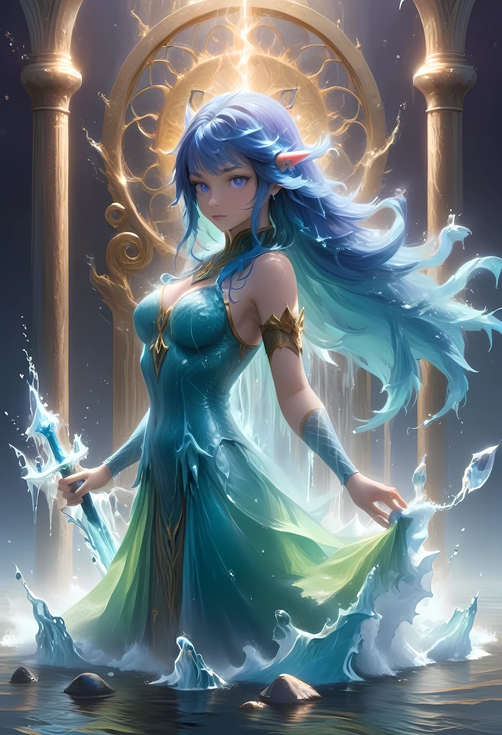 high details, best quality, 8k, [ultra detailed], masterpiece, best quality, (extremely detailed), full body, ultra wide shot, photorealistic, fantasy art, dnd art, rpg art, realistic art, an ultra wide picture of a female human (1.5 intricate details, Masterpiece, best quality) goddess of water  ((watery radiant aura)), controlling a swirling streams of watery magic (1.5 intricate details, Masterpiece, best quality), manipulating purple radiant magical symbols, [[divine symbols]] (1.5 intricate details, Masterpiece, best quality), human female, blue  hair, long hair with aura, hair with green radiant eyes, intense eyes, holding a trident, ((radiant eyes)), (( green glowing eyes)), dynamic clothing, fantasy sea background, stresms of sea water,  celestial  background, ((divine worship atmosphere)), high details, best quality, highres, ultra wide angle, Latex, faize