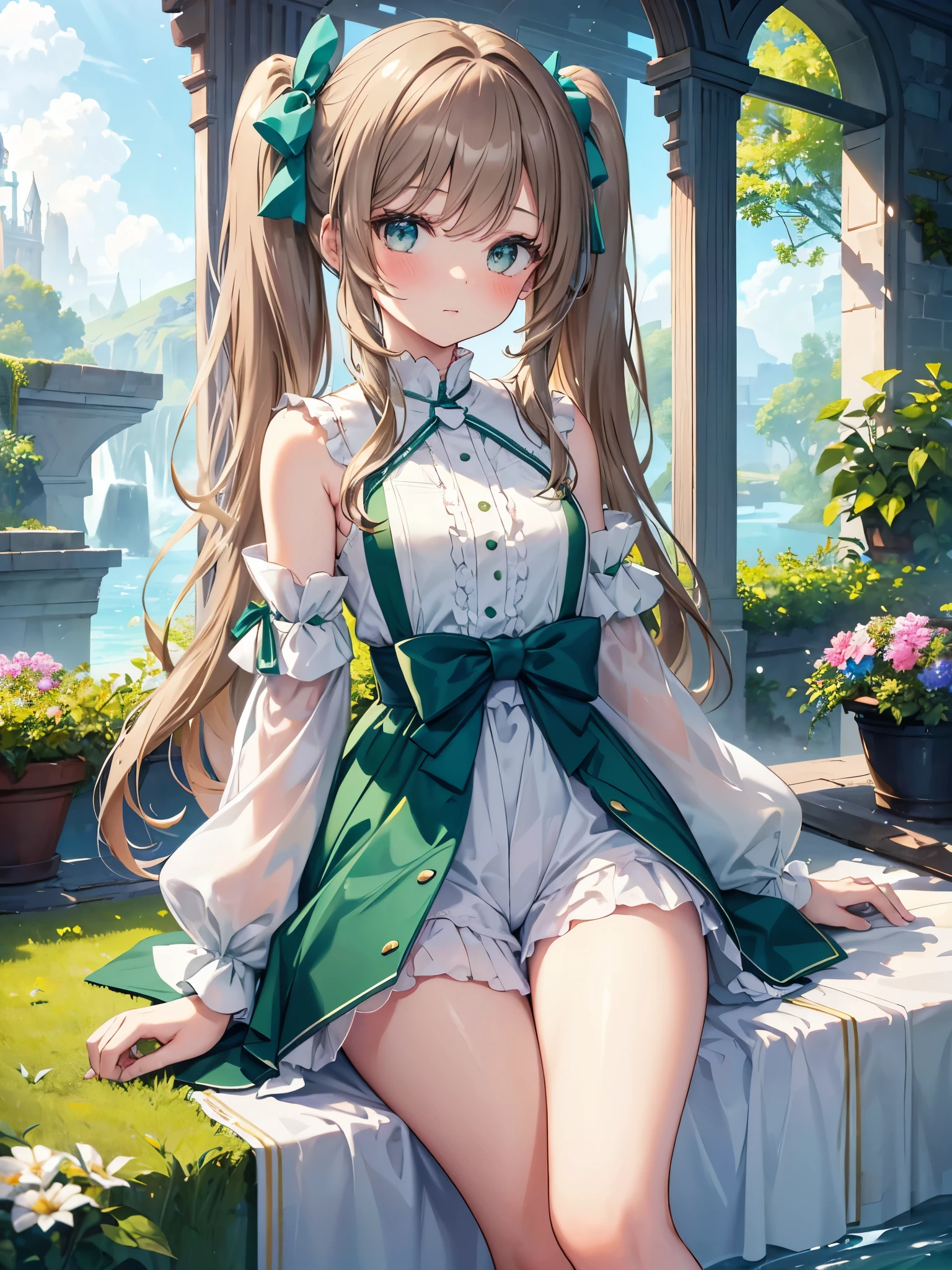 ((highest quality, masterpiece)), Very delicate and beautiful, bright, cowboy_shot, from_Under, girl, woman, woman, young, 20-year-old, Long Hair, Princess Cut, Parted bangs, Twin tails, Light brown hair, Delicate face, blush, Beautiful eyes in every detail, big_chest, Thighs, Green Eyes, White skin, green_bow, No sleeve_dress, No sleeve, Shorts, just_foot, White clothes, green sky, Beautiful and detailed gardens, Very beautiful detailed water,