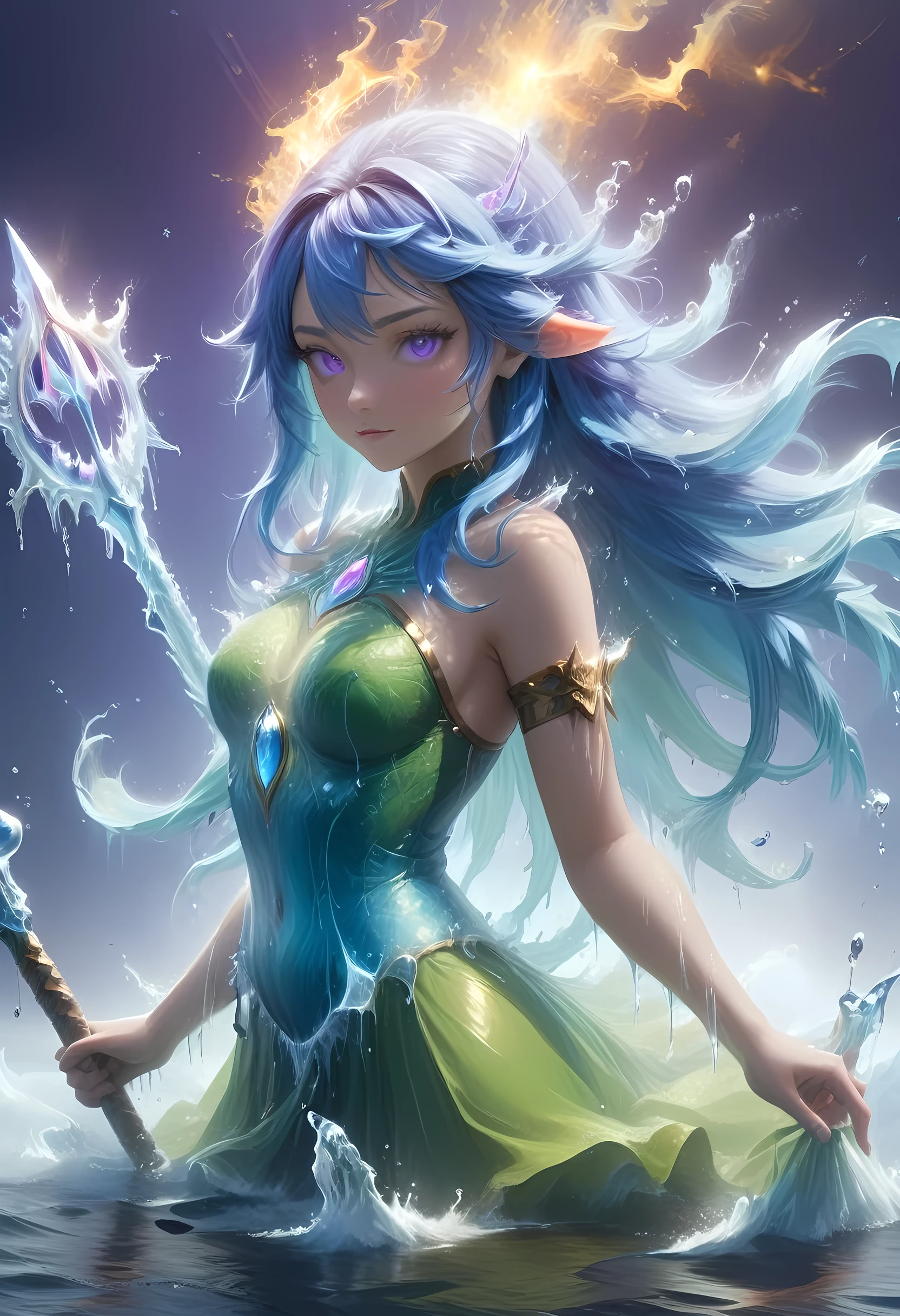 high details, best quality, 8k, [ultra detailed], masterpiece, best quality, (extremely detailed), full body, ultra wide shot, photorealistic, fantasy art, dnd art, rpg art, realistic art, an ultra wide picture of a female human (1.5 intricate details, Masterpiece, best quality) goddess of water  ((watery radiant aura)), controlling a swirling streams of watery magic (1.5 intricate details, Masterpiece, best quality), manipulating purple radiant magical symbols, [[divine symbols]] (1.5 intricate details, Masterpiece, best quality), human female, blue  hair, long hair with aura, hair with green radiant eyes, intense eyes, holding a trident, ((radiant eyes)), (( green glowing eyes)), dynamic clothing, fantasy sea background, stresms of sea water,  celestial  background, ((divine worship atmosphere)), high details, best quality, highres, ultra wide angle, Latex, faize
