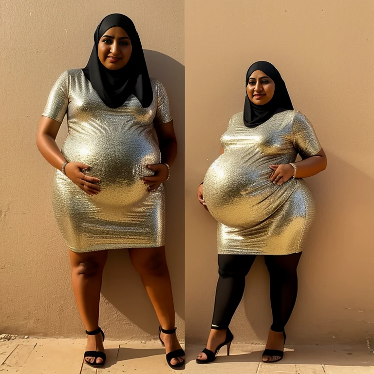 Extremely Hyperpregnant Egyptian woman with huge belly wearing a dress