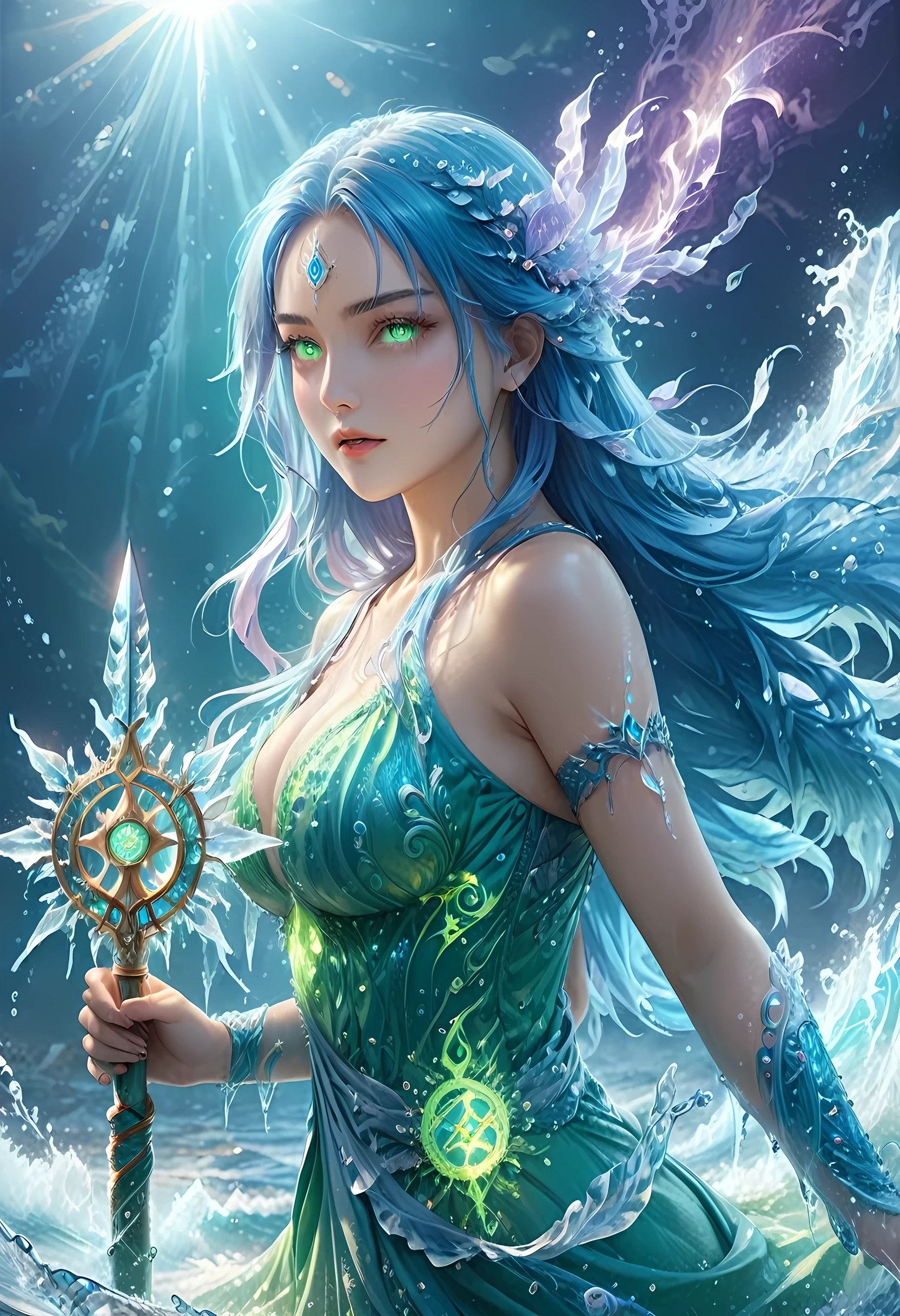 high details, best quality, 8k, [ultra detailed], masterpiece, best quality, (extremely detailed), full body, ultra wide shot, photorealistic, fantasy art, dnd art, rpg art, realistic art, an ultra wide picture of a female human (1.5 intricate details, Masterpiece, best quality) goddess of water  ((watery radiant aura)), controlling a swirling streams of watery magic (1.5 intricate details, Masterpiece, best quality), manipulating purple radiant magical symbols, [[divine symbols]] (1.5 intricate details, Masterpiece, best quality), human female, blue  hair, long hair with aura, hair with green radiant eyes, intense eyes, holding a trident, ((radiant eyes)), (( green glowing eyes)), dynamic clothing, fantasy sea background, stresms of sea water,  celestial  background, ((divine worship atmosphere)), high details, best quality, highres, ultra wide angle, Latex, faize