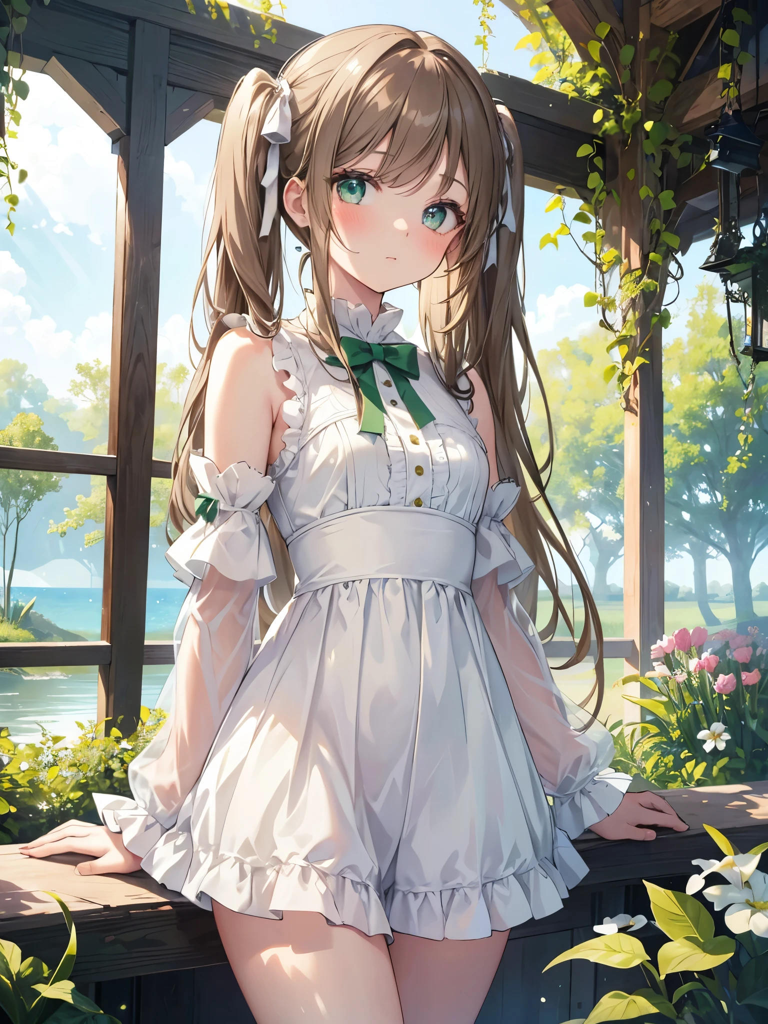 ((highest quality, masterpiece)), Very delicate and beautiful, bright, cowboy_shot, from_Under, girl, woman, woman, young, 20-year-old, Long Hair, Princess Cut, Parted bangs, Twin tails, Light brown hair, Delicate face, blush, Beautiful eyes in every detail, big_chest, Thighs, Green Eyes, White skin, green_bow, No sleeve_dress, No sleeve, Shorts, just_foot, White clothes, green sky, Beautiful and detailed gardens, Very beautiful detailed water,