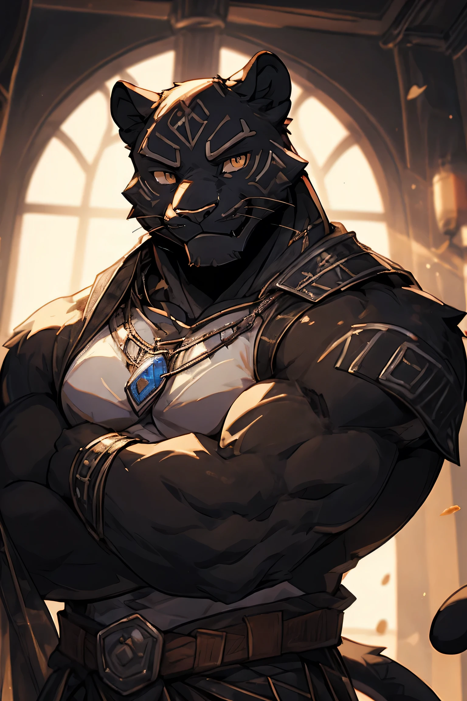 ((Masterpiece, ultra-high definition, ultra-detailed, 8K)), ((male Black panther,:1.5)), anime style, about 30, good looking, ((Warrior Costume, steel breastplate, smiling at the viewer, : 1.2)), manly, muscle, skinny, raised sexy, upper body, close up, A dynamic composition,