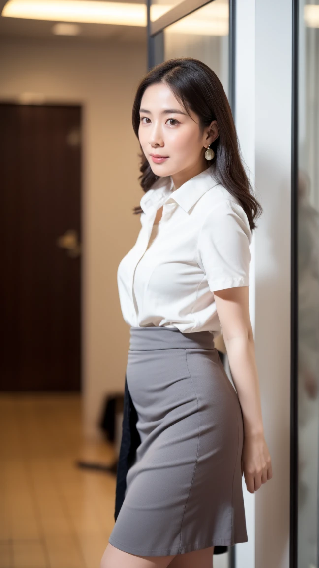 High resolution, highest quality, masterpiece, Textured skin, Anatomically correct, sharp, (((Full body photo))), (Shooting from the side), (Alone in the hotel lobby), (walking), ((Japanese Mature, 50 years old)), Nasolabial folds, Black straight hair, Semi-long hair, (slightly plump figure:1.3), Shapely small breasts, (Looking at the camera), Serious expression, (Business look), ((teacher)), Her chest is exposed, Collared shirt, Short sleeve, Formal tight skirt, pumps, necklace, Earrings