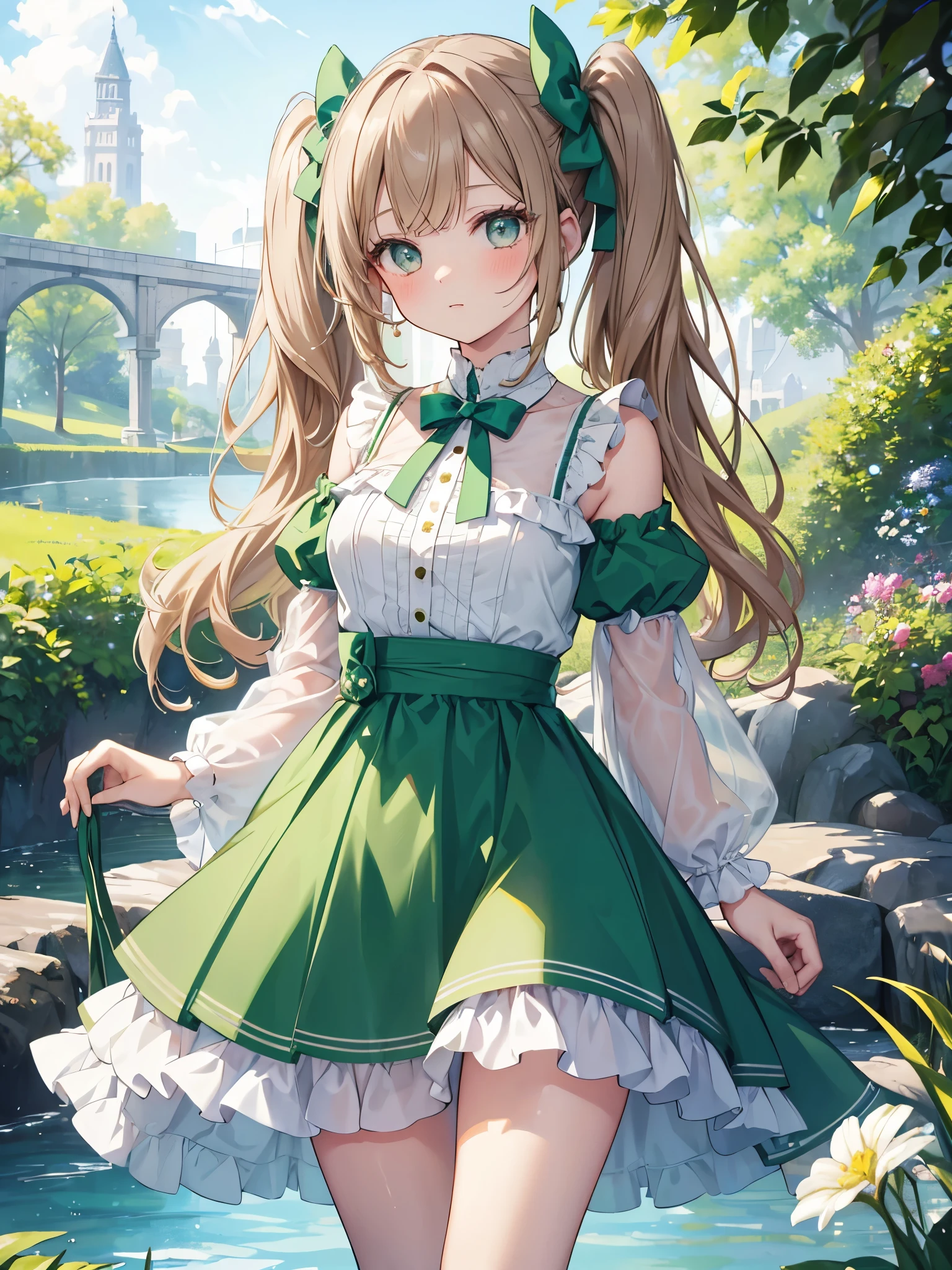 ((highest quality, masterpiece)), Very delicate and beautiful, bright, cowboy_shot, from_Under, girl, woman, woman, young, 20-year-old, Long Hair, Princess Cut, Parted bangs, Twin tails, Light brown hair, Delicate face, blush, Beautiful eyes in every detail, big_chest, Thighs, Green Eyes, White skin, green_bow, No sleeve_dress, No sleeve, Shorts, just_foot, White clothes, green sky, Beautiful and detailed gardens, Very beautiful detailed water,