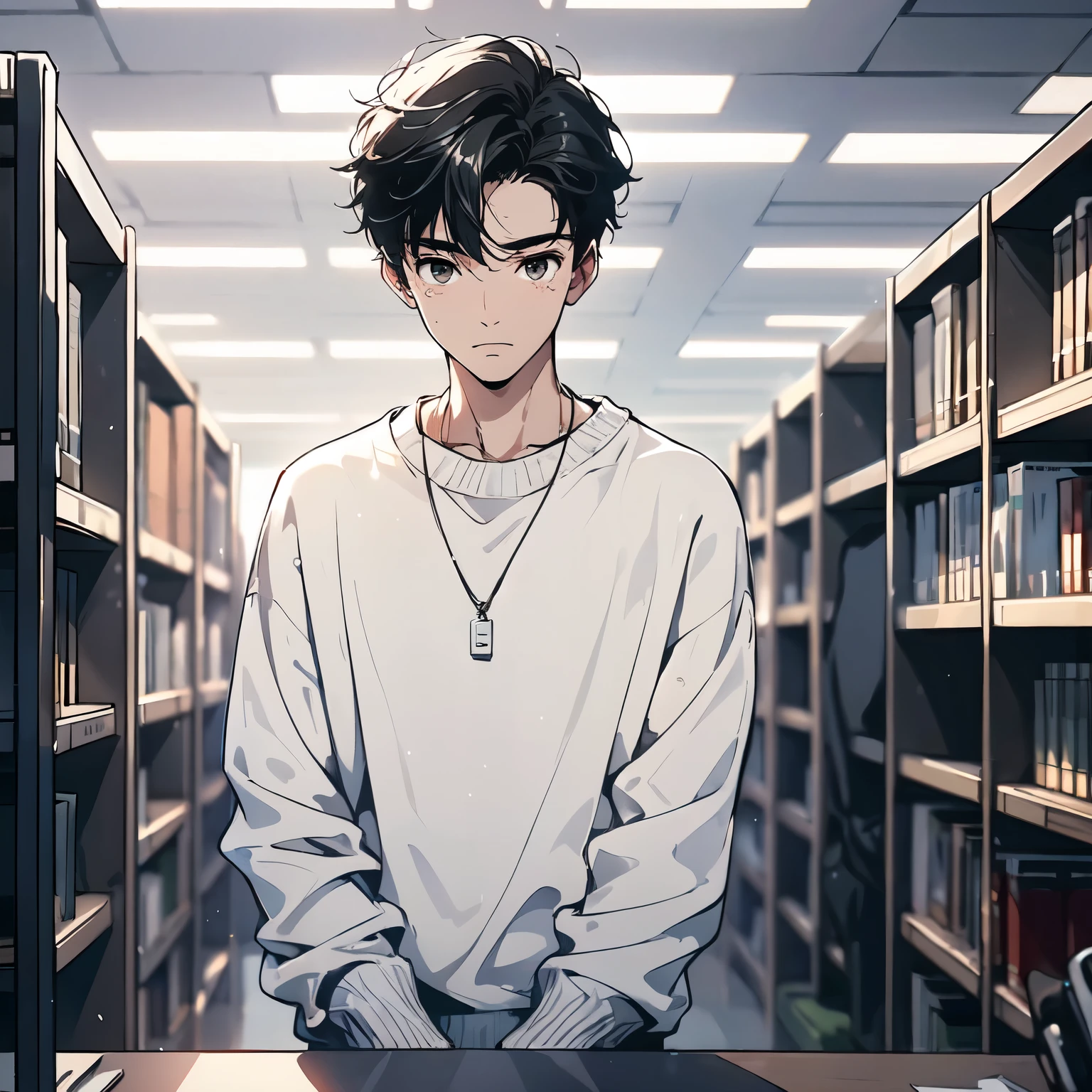 A black hair,18-year-old man in white sweater,Standing at the desk in the library,Sad expression,Laugh and cry,sweat(Upper body display:1.5)(cinematic lighting:1.5))(ultra-high detail:1.5)(best quality:1.5)