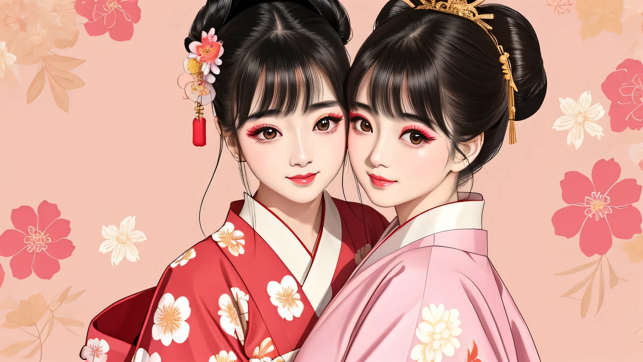Each has a different expression2People and sisters、(2 girls)、⦅Dancing traditional arts with grace)、((Big Breasts、Small Face、Not exposed))、highest quality、masterpiece、(Black Hair、Bun Hair)、Brown Eyes、⦅Wide angle、Angle from above the waist、Pause on the magazine cover、Their gazes are different, gazing into the distance⦆、(8K High Quality、masterpiece、High resolution、Realistic and beautiful light and shadow、(highest quality)、(High Resolution)、(Very delicate and beautiful)、(Beautiful 8k face)、(With a smile、Beautiful eyes)、(Clear skin)、(Soft hair)、(8Head to Body)、(A Japanese style yukata kimono with red, pink and orange floral patterns on a white background, interspersed with gold powder、Wearing a yukata2Beautiful Japanese girls)、((Tanabata decoration background))、((Small Face))、(arms up)、Thin and small nose、(Red lipstick)、(Make your cheeks red)、(Glossy skin)、((Ink painting style))、Very thin eyebrows、Overall ultra-high image quality、(She is wearing maiko-style makeup.)、Whitening、Long and beautiful eyelashes、Glowing Skin、(Red cheeks),Straight nose、masterpiece、highest quality、whole body、 Eyebrows visible through hair、Bun Hair、Grin、Gal、Gal、Viewer's Eyes、Plaid、Stylish、woman、fine、Pause、
Waiting to start