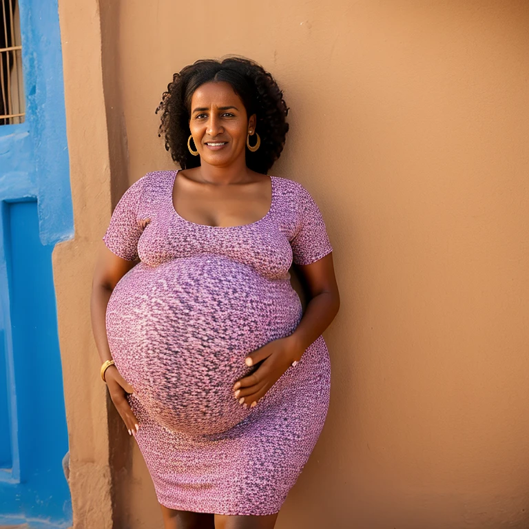 Extremely Hyperpregnant Eritrean woman with huge belly wearing a dress