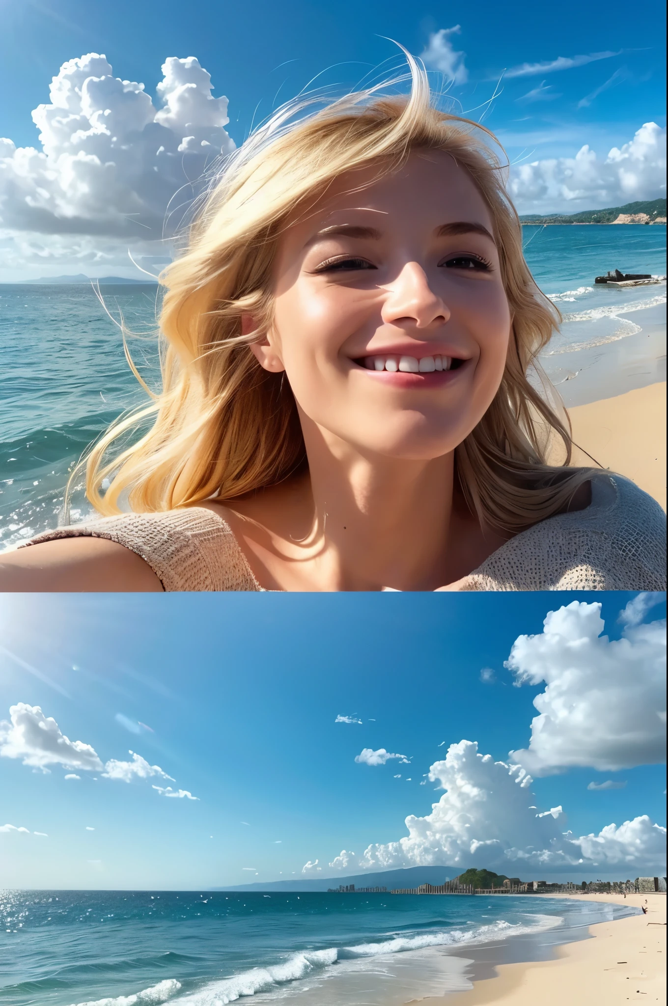8K,Blonde woman looking at the sea,1 超美people(Like the real thing), Sharpening of facial expressions,Blue sky and white clouds with warm sunshine, Smiling and gazing into the distance, The fine grains of sand on the beach sparkle in gold., The wind is accompanied by small waves. The distant island is surrounded by greenery, sexy, Her stunning beauty is like a ray of light, Captivating the whole of heaven and earth. . Beach dream scene, people々Make people feel like they're there, Enjoy the beauty,The perfect angle、Professional quality high resolution、Perfect contrast、Perfect lighting、Perfect composition、Perfect Skin、Perfect Fingers、Perfect breasts、Perfect Hair、Perfect Face、Realistic facial features,masterpiece,Photorealistic RAW photos,Bright colors,Rich colors,50mm lens,Nikon D850,super highest quality,Slim figure,Perfect body line,Perfect hand shape,Anatomical body balance,Highly detailed face,Highly detailed eyes,Beautiful Lips,Excellent light particles,Cinema Lighting,Makeup,Ultra-high resolution,Ultra-Realistic Skin,sexyな女性のクローズアップ,sexyな水着,Ample breasts,