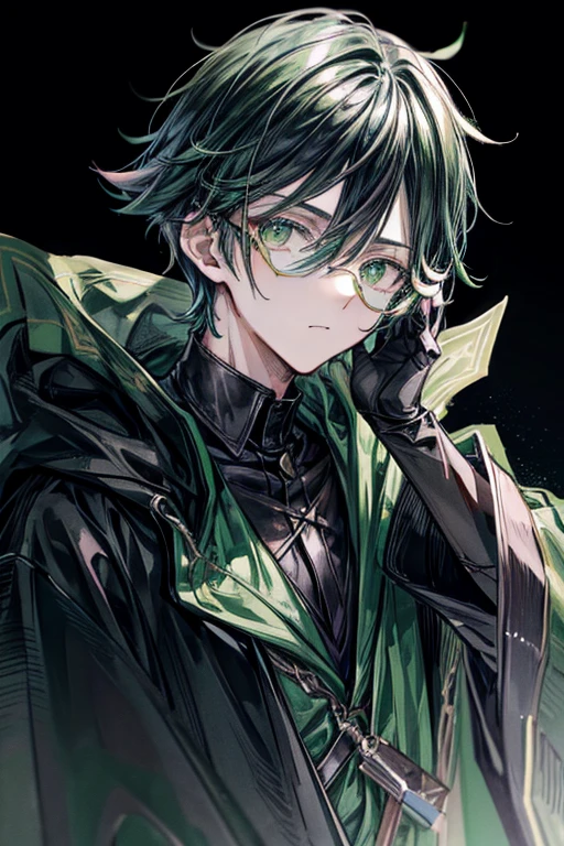(masterpiece, best quality, perfect face, expressive eyes), 1boy, (anime), (male), (adult), (black hair), green gradient hair, green eyes, black scholar robes, (green tainted glasses), black gloves.