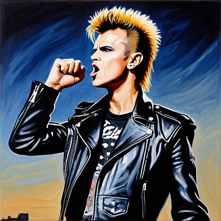 (((26 years old Punk Rock Star))) [David Bowie:Billy Idol:0.45] with his iconic hairstyle and spiked leather jacket, raises his fist tonthe sky to shownhis rebellion to the world, ultra sharp and crisp, oil on canvas painting in Don Lawrence art style