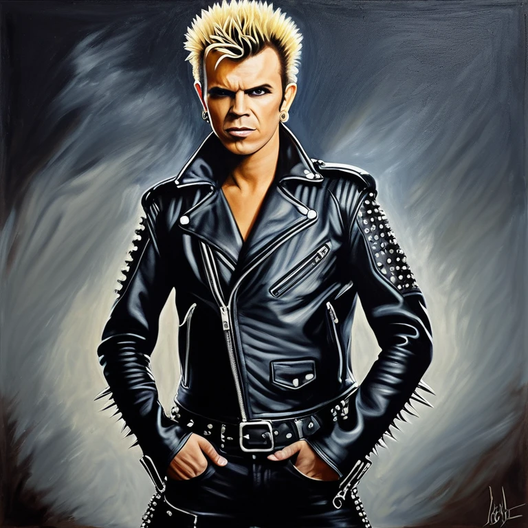 (((26 years old Punk Rock Star))) [David Bowie:Billy Idol:0.45] with his iconic hairstyle and spiked leather jacket, raises his fist tonthe sky to shownhis rebellion to the world, ultra sharp and crisp, oil on canvas painting in Don Lawrence art style