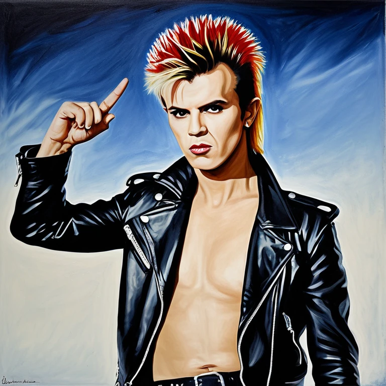 (((26 years old Punk Rock Star))) [David Bowie:Billy Idol:0.45] with his iconic hairstyle and spiked leather jacket, raises his fist tonthe sky to shownhis rebellion to the world, ultra sharp and crisp, oil on canvas painting in Don Lawrence art style