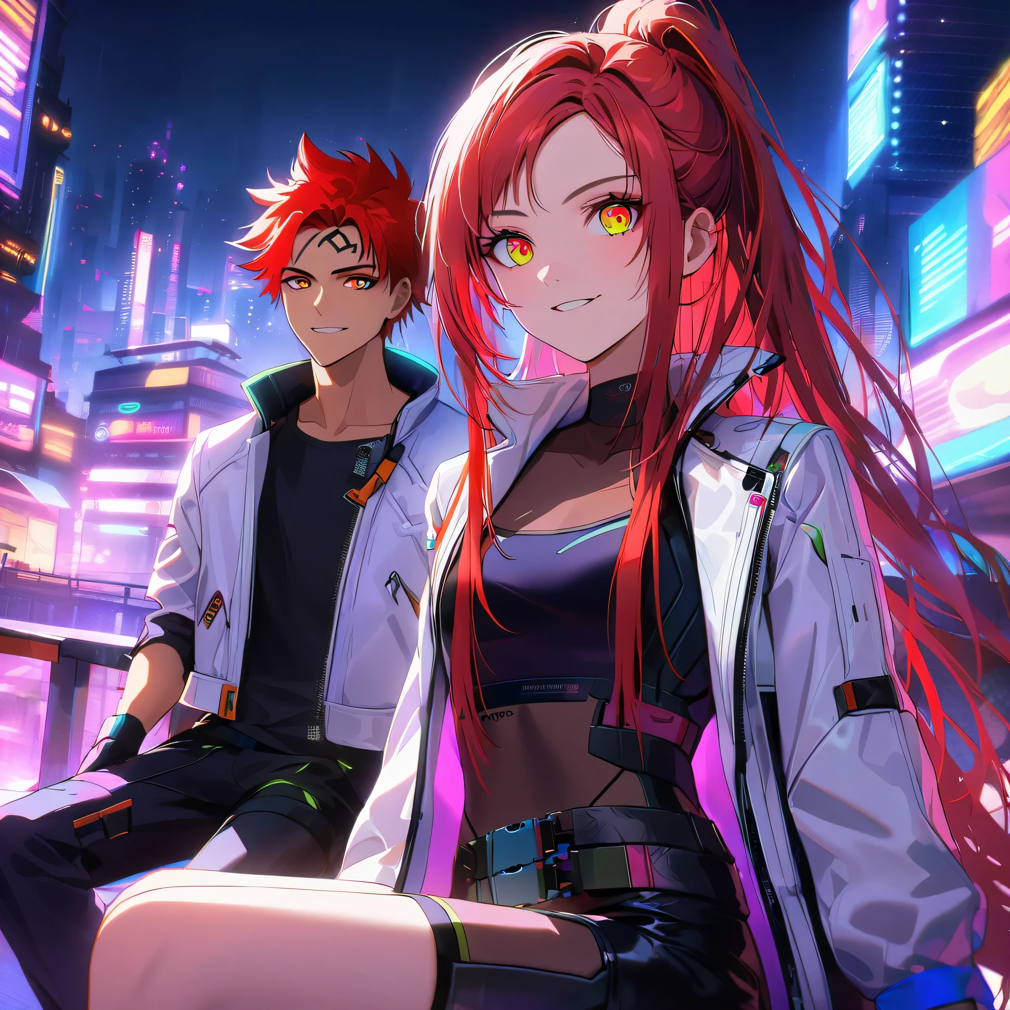 two persons, A man and a girl , man with short and red hair messy upwards with some ultra long strands falling on the forehead, holding a perfect neon katana wearing a leather white jacket and black t shirt, sitting and confident pose, confidente smile, cyberpunk, night, fingerless gloves , red hair, neon eyes, ultra detailed face, gorgeous cute girl with very white long hair, parkour, cyberpunk tweaks, city rooftops, dangerous look 