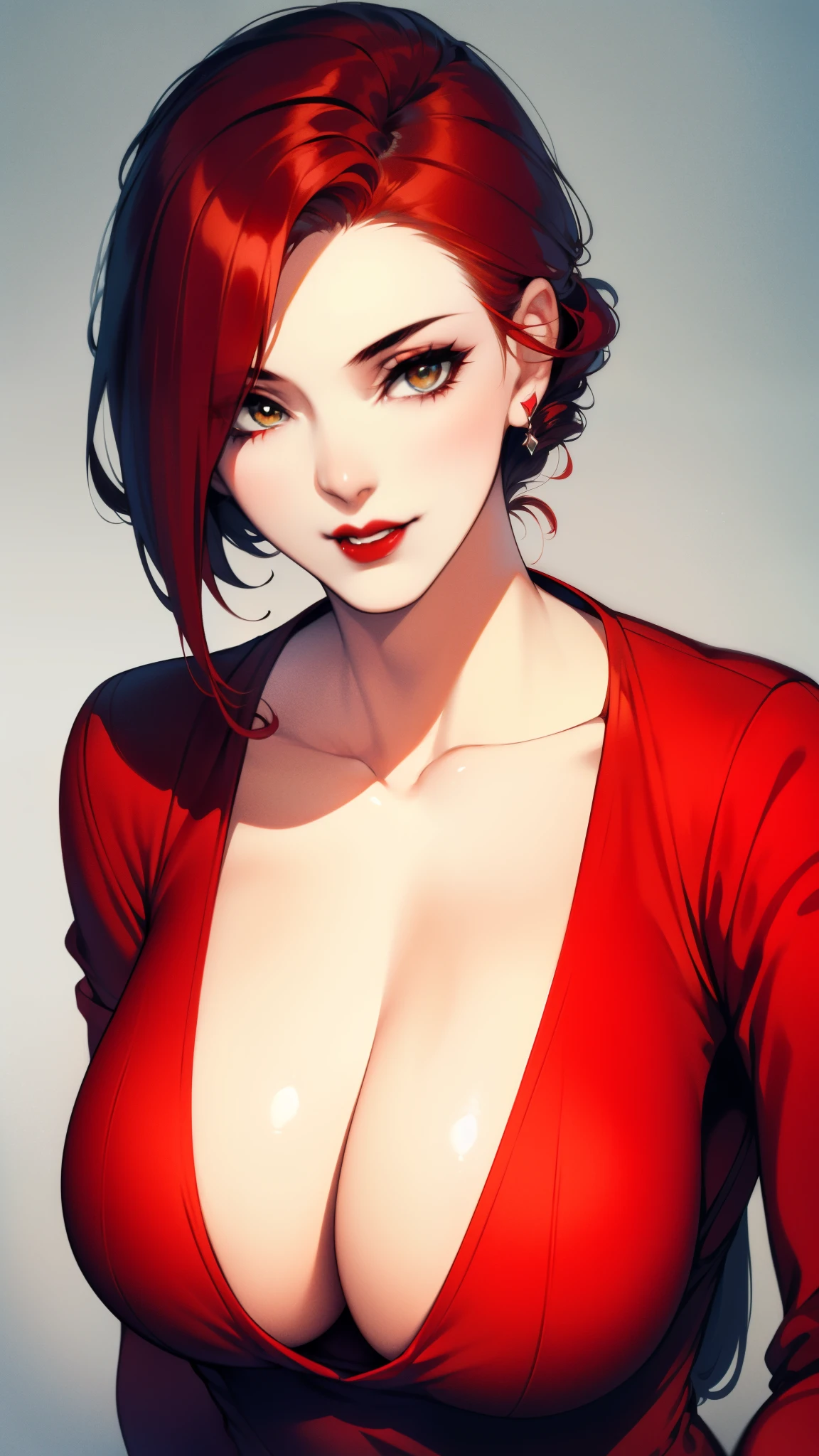 {8k image}, 1beautiful woman, 40 years old (milf), （short red hair:1.5), amber eyes, busty,(red shirt:1.2),{centered image},{just face and chest photo}, Upper body,  the camera, looking directly at the camera, cleavage,（((dark red lips))）,(seductive smile), 