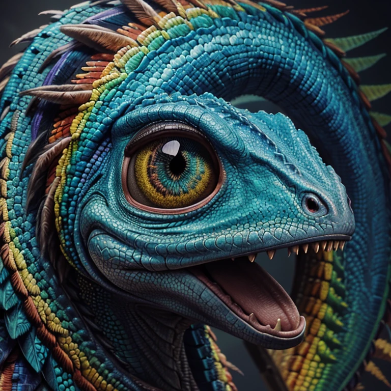 A rainbow dinosaur,illustration style,medium,detailed feathers,beautifully colored scales,big expressive eyes,vibrant colors,pixel art:0.8