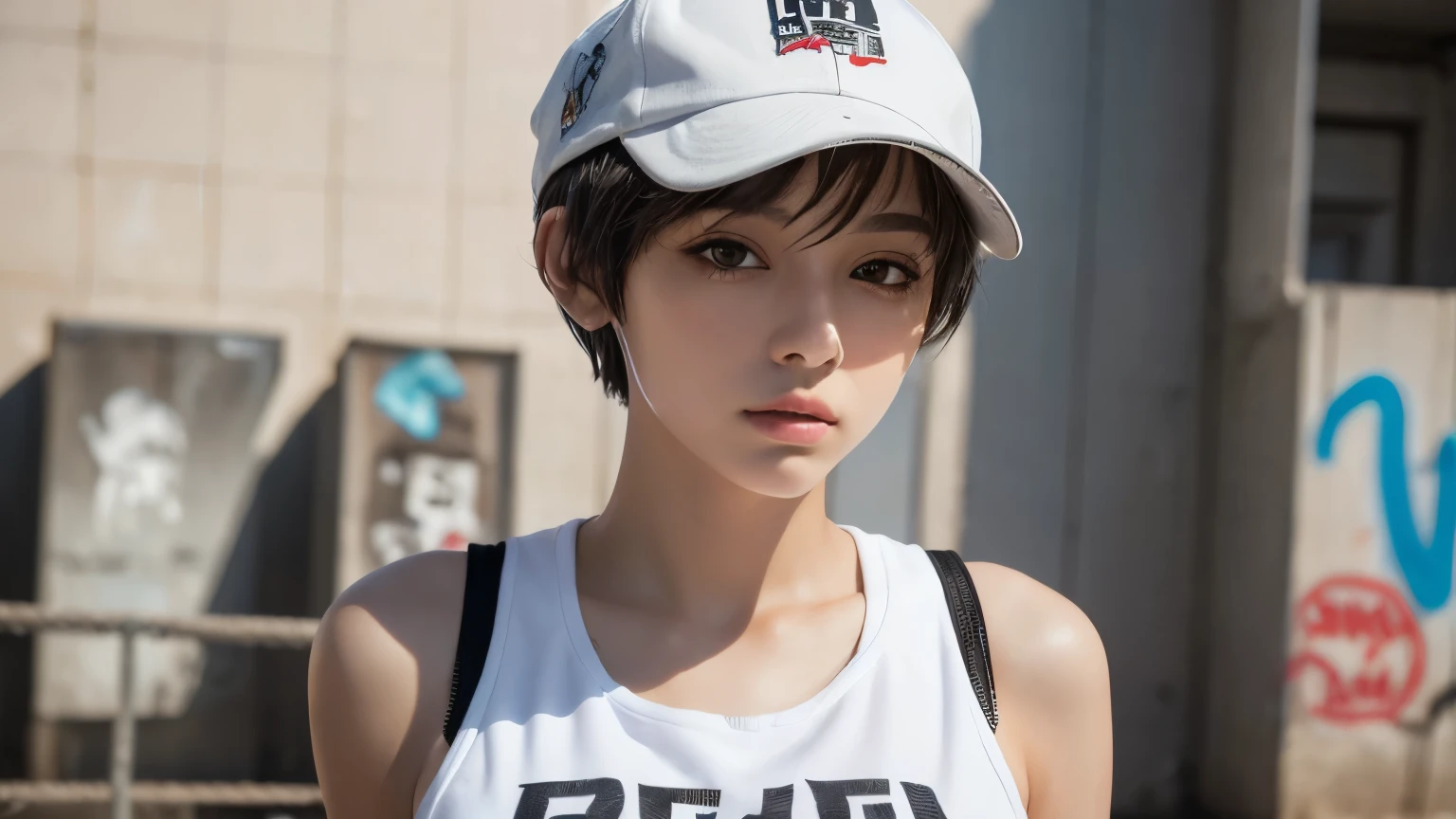 masterpiece, highest quality, Very detailed, 8k, Realistic, One Girl, alone, Tomboy, Very detailed face, (head shot:1.5), Standing in front of a wall covered in hip hop graffiti, Pixie cut white hair, He is wearing a short tank top and an open-zipped hoodie...,I can see your chest,Nice ass,Wear a New Era cap