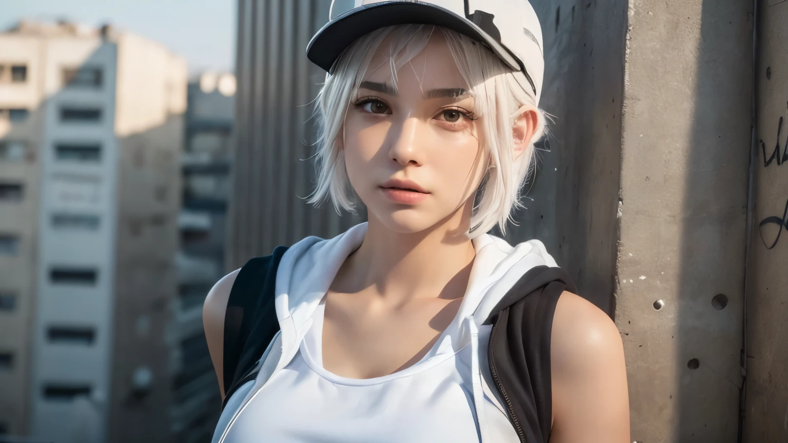 masterpiece, highest quality, Very detailed, 8k, Realistic, One Girl, alone, Tomboy, Very detailed face, (head shot:1.5), Standing in front of a wall covered in hip hop graffiti, Pixie cut white hair, He is wearing a short tank top and an open-zipped hoodie...,I can see your chest,Nice ass,Wear a New Era cap