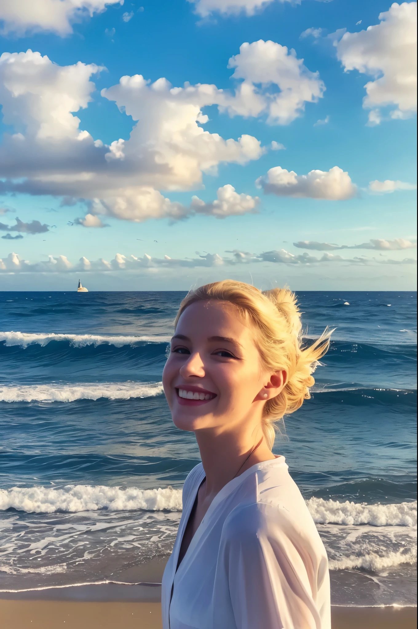 8K,Blonde woman looking at the sea,1 超美people(Like the real thing), Sharpening of facial expressions,Blue sky and white clouds with warm sunshine, Smiling and gazing into the distance, The fine grains of sand on the beach sparkle in gold., The wind is accompanied by small waves. The distant island is surrounded by greenery, sexy, Her stunning beauty is like a ray of light, Captivating the whole of heaven and earth. . Beach dream scene, people々Make people feel like they're there, Enjoy the beauty,The perfect angle、Professional quality high resolution、Perfect contrast、Perfect lighting、Perfect composition、Perfect Skin、Perfect Fingers、Perfect breasts、Perfect Hair、Perfect Face、Realistic facial features,masterpiece,Photorealistic RAW photos,Bright colors,Rich colors,50mm lens,Nikon D850,super highest quality,Slim figure,Perfect body line,Perfect hand shape,Anatomical body balance,Highly detailed face,Highly detailed eyes,Beautiful Lips,Excellent light particles,Cinema Lighting,Makeup,Ultra-high resolution,Ultra-Realistic Skin,sexyな女性のクローズアップ,sexyな水着,Ample breasts,Dynamic pose,