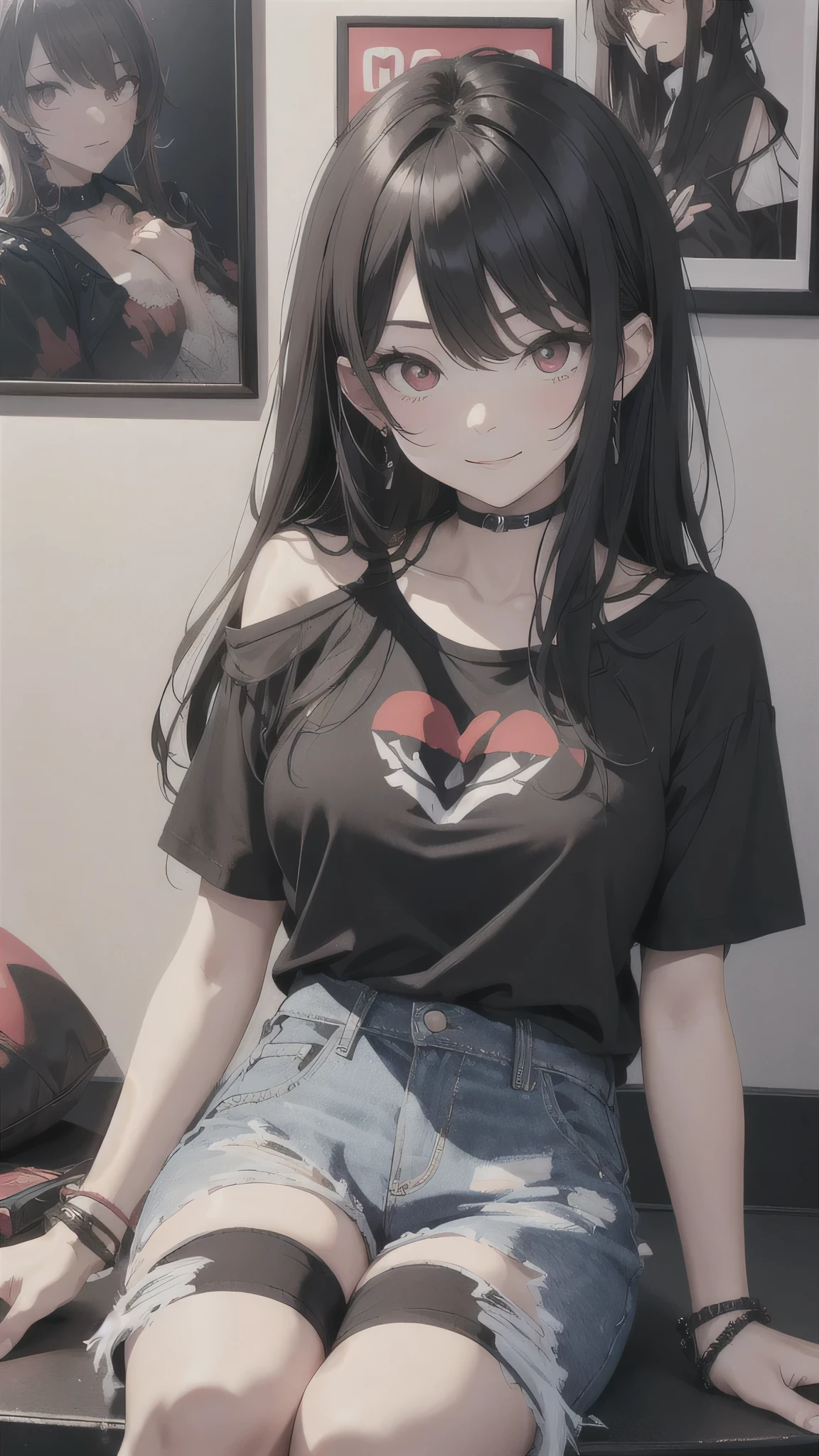 最high quality、Best image quality、masterpiece、girl((18-year-old、 By becoming、Best Bust、Medium Bust,Wide open breast tea、Red glowing eyes,Black Hair、Red Mesh、Disheveled Hair、Lointail、thin,The highest valley、Open chest、Luminous Wristbands、hair ornaments、Show the whole body,Black short sleeve T-shirt、Shoulder bag、Short denim trousers、sit、sitting cross-legged、Paisura、smile)),high quality、Beautiful art、background((Black Room、Black Wall、Black furniture、Big black TV、Black PC、red paint))、Flight、Flying debris、Written boundary depth、movie、Visual Arts、Perfect art、8K,Genuine,