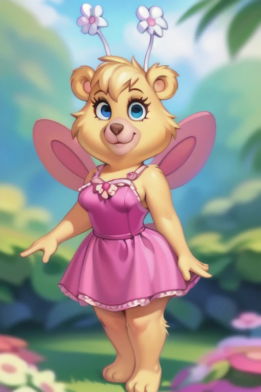 butterbear, bear, antennae_(???????), insect_wings, short stack, breasts, cocktail dress, fancy drink in hand, blue eyes, looking at viewer, 3 toes , showing feet, uploaded on e621, (detailed background, depth of field), (intricate:1.1), (high detail:1.2), (soft focus), (masterpiece, best quality, 4k, 2k, shaded, absurd res), by Chunie, by CyanCapsule, by Hallogreen
