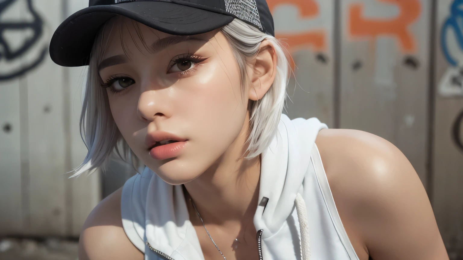 masterpiece, highest quality, Very detailed, 8k, Realistic, One Girl, alone, Tomboy, Very detailed face, (head shot:1.5), Standing in front of a wall covered in hip hop graffiti, Pixie cut white hair, He is wearing a short tank top and an open-zipped hoodie...,I can see your chest,Nice ass,Wear a New Era cap