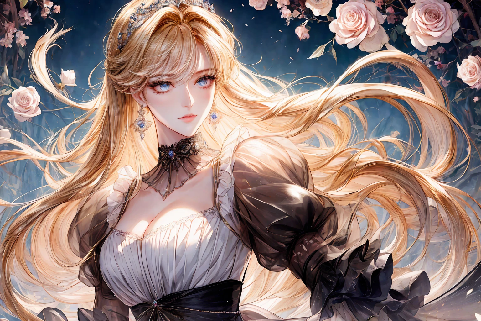(((shoujo-style))), (romance manhwa), 1girl, blonde hair, solo, long hair, (earrings), flower, rose, crystalline, dress, tiara, white dress, gloves, long sleeves, choker, mascara, makeup, elbow gloves, bow, floating hair, bra, jewelry, looking at viewer, collarbone, puffy sleeves, golden accessories, upper body, parted bangs, very long hair, black dress, frills, bangs, closed mouth, outdoors, detailed eyes, dynamic cut,