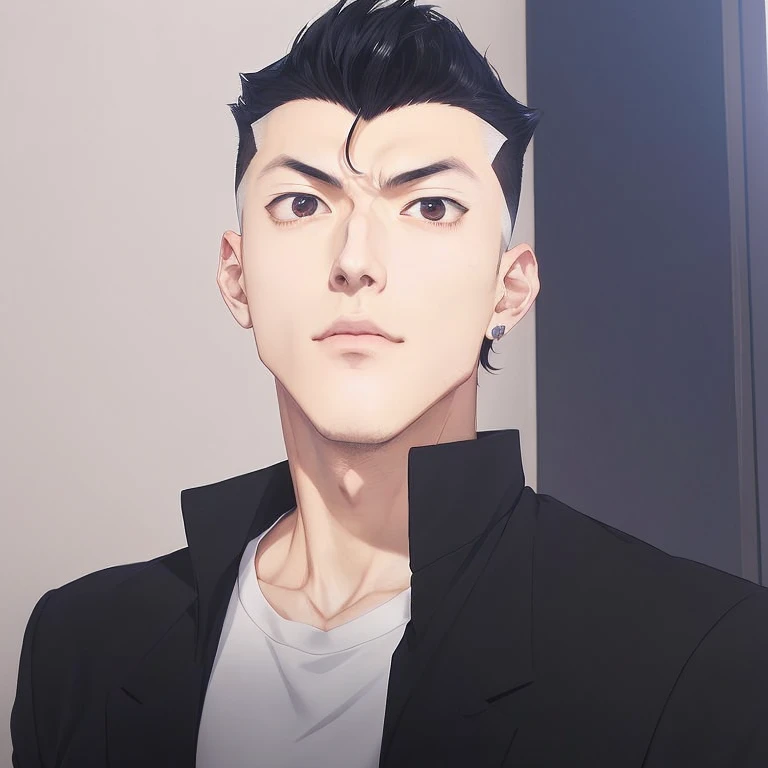 arafed image of a man in a black jacket and white shirt, miura kentaro style, anime handsome man, shuushuu anime image, name of the character is chad, in the anime film, young anime man, male anime character, sankakucomplex anime image, delicate androgynous prince, miura kentaro, official art